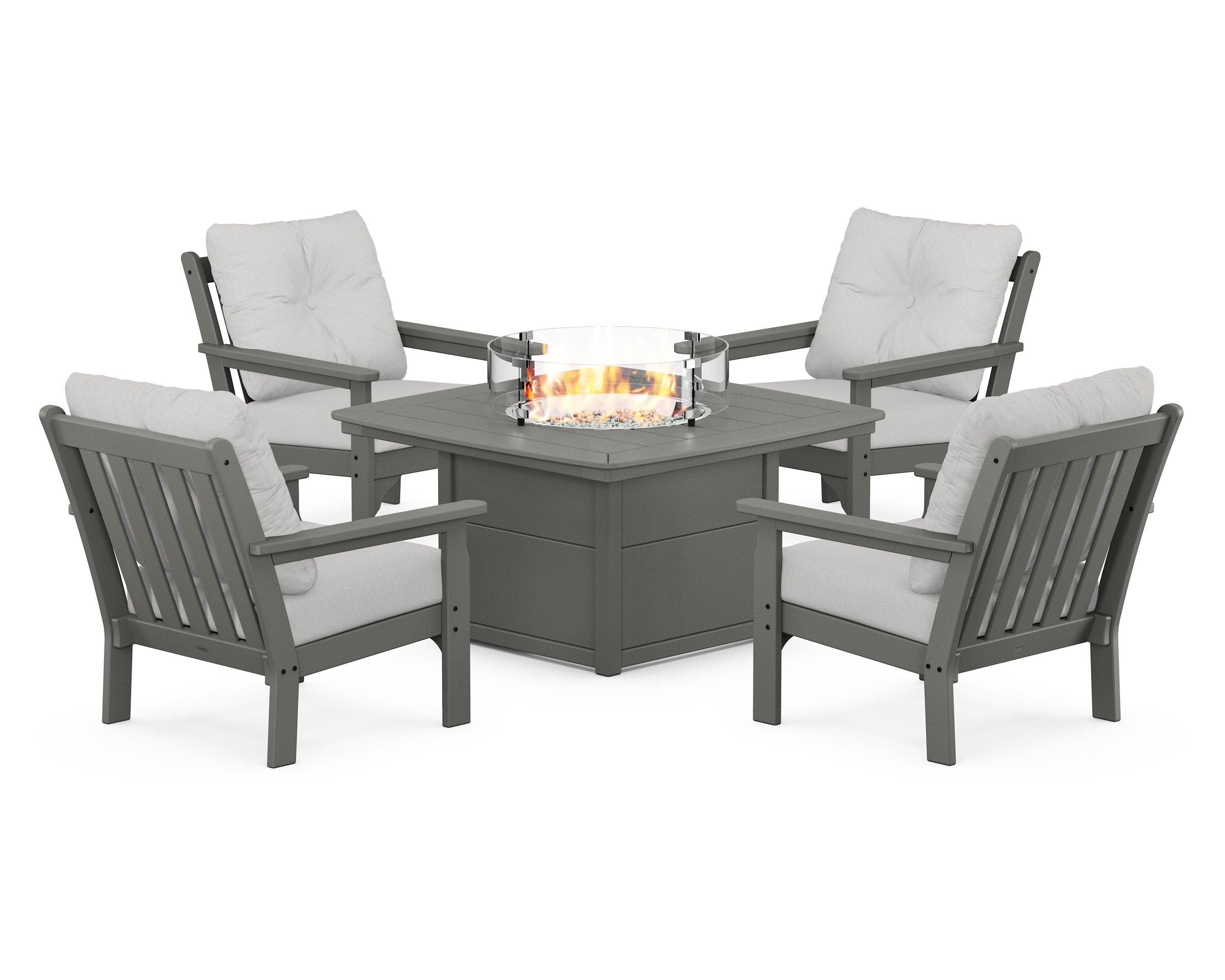 Vineyard 5-Piece Conversation Set with Fire Pit Table in Slate Grey / Diamond in the Rough