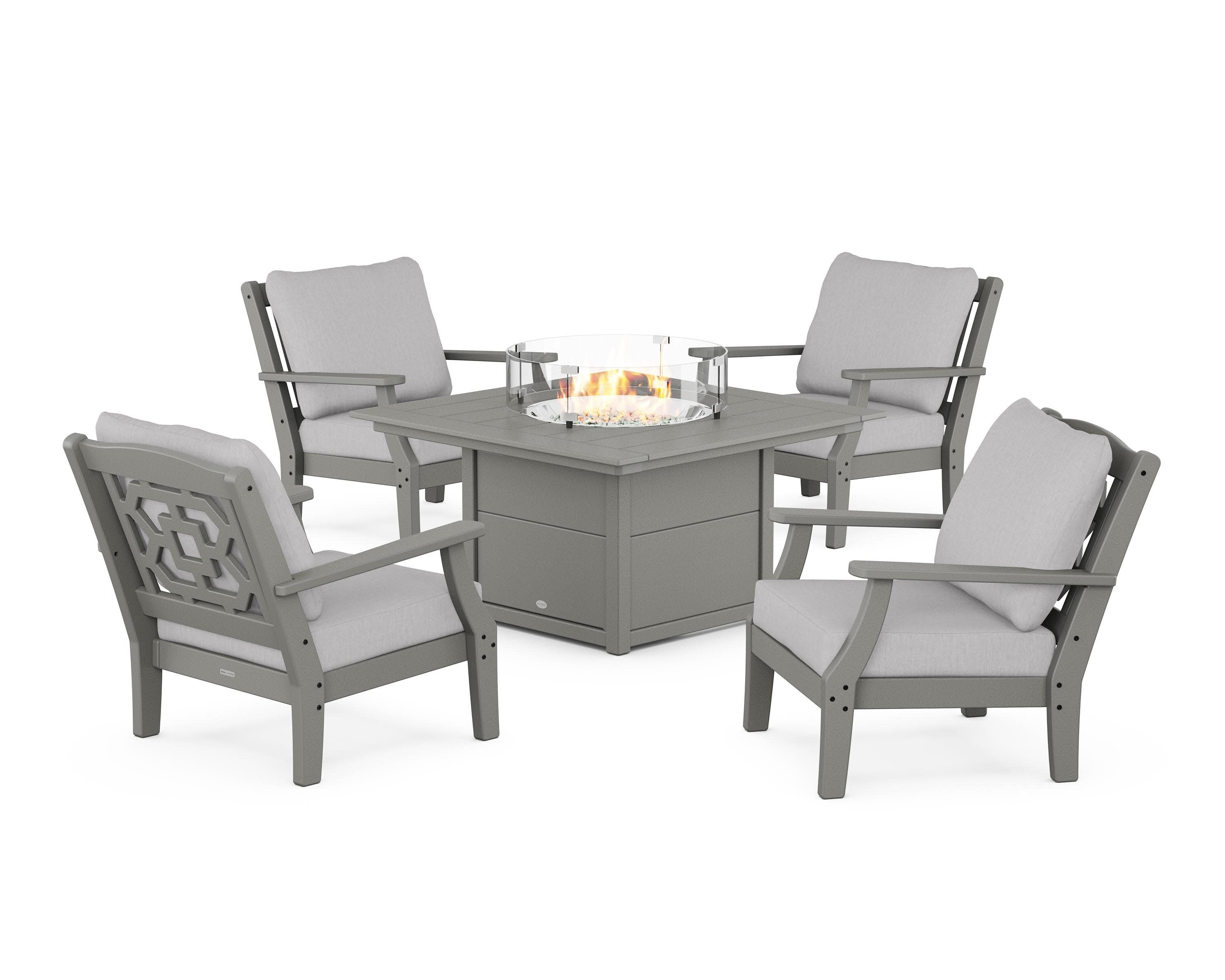 Chinoiserie 5-Piece Deep Seating Set with Fire Pit Table in Slate Grey / Granite