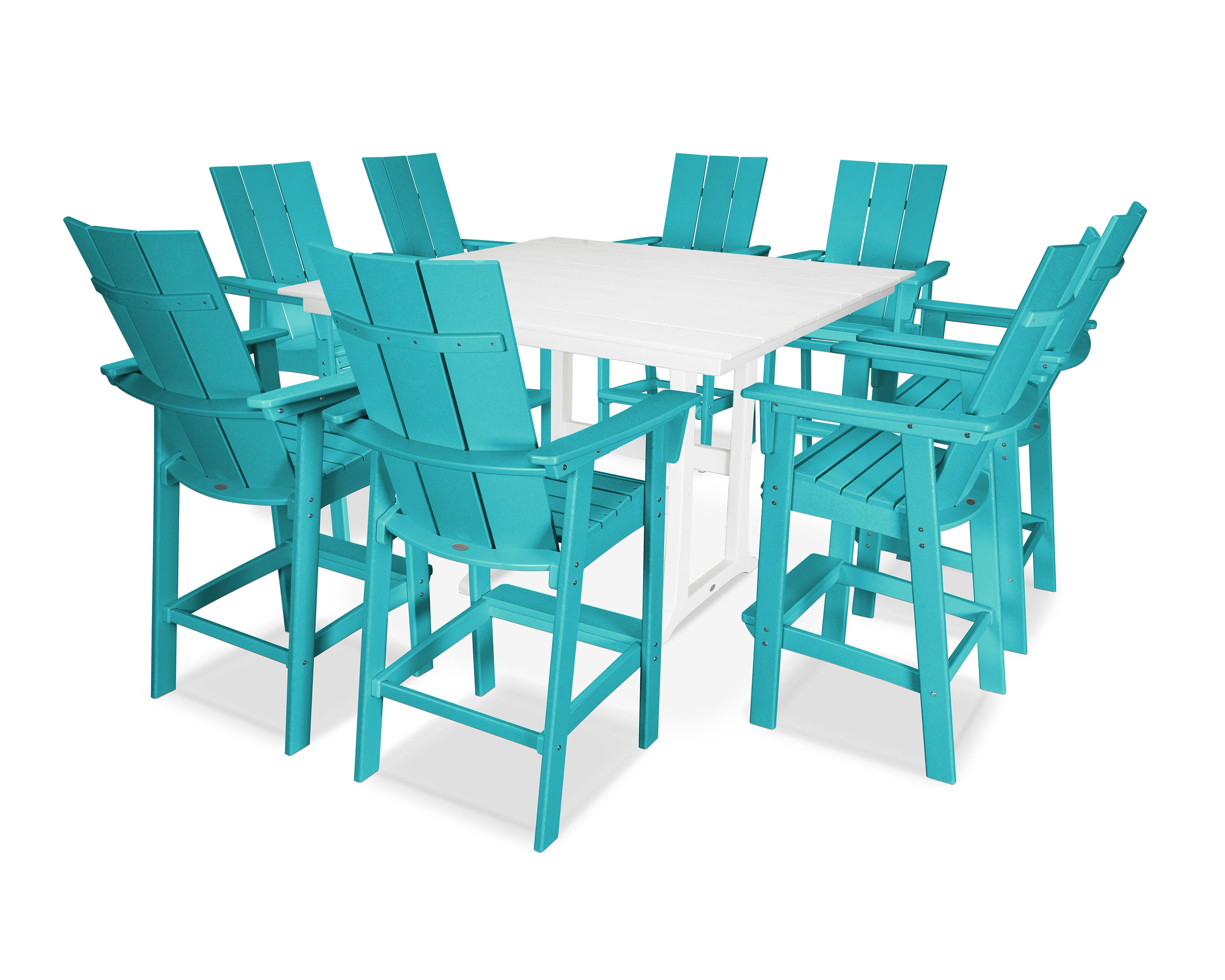 Modern Curveback Adirondack 9-Piece Farmhouse Trestle Bar Set in Aruba / White