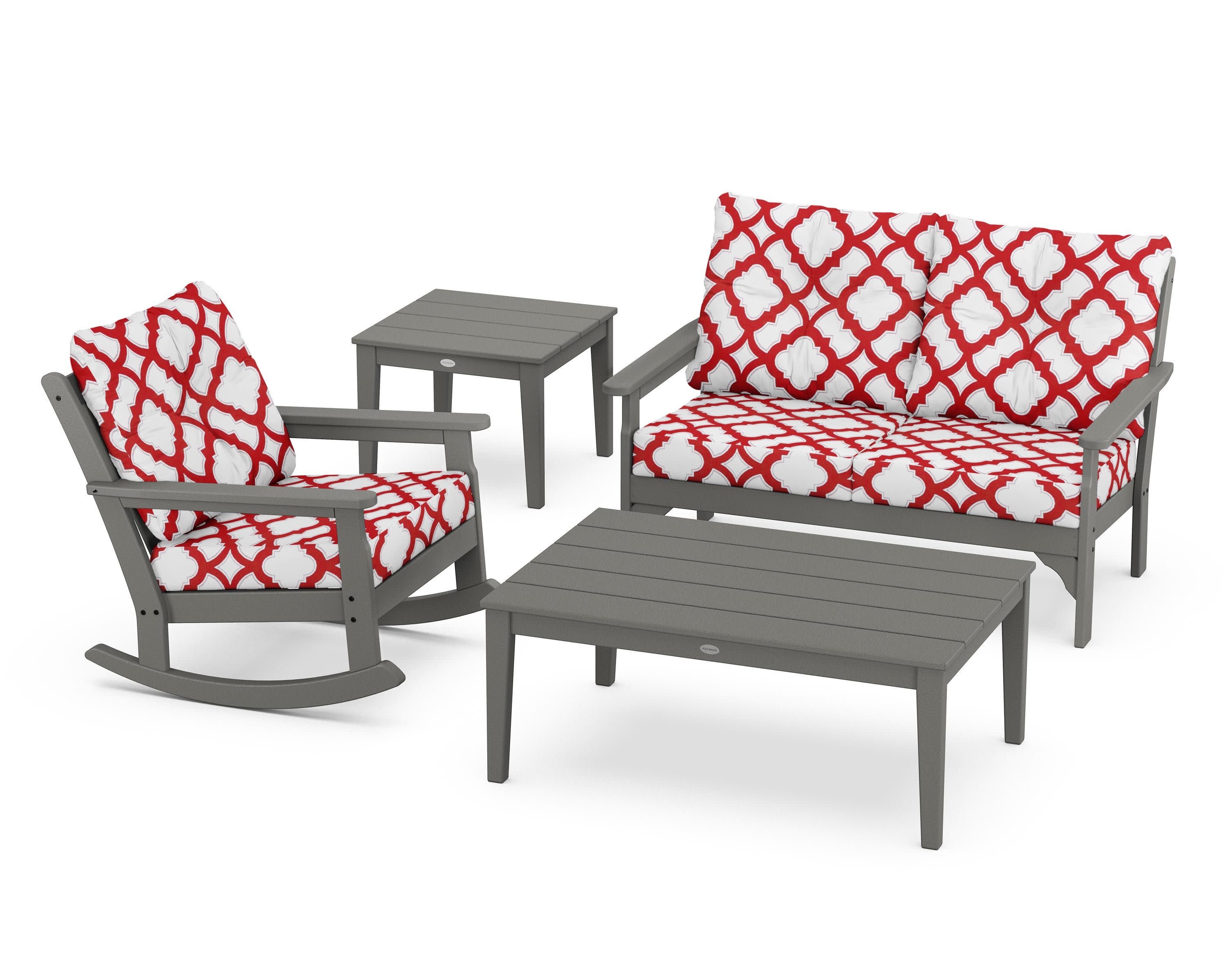 Vineyard 4-Piece Deep Seating Rocker Set in Slate Grey / Trellis Crimson