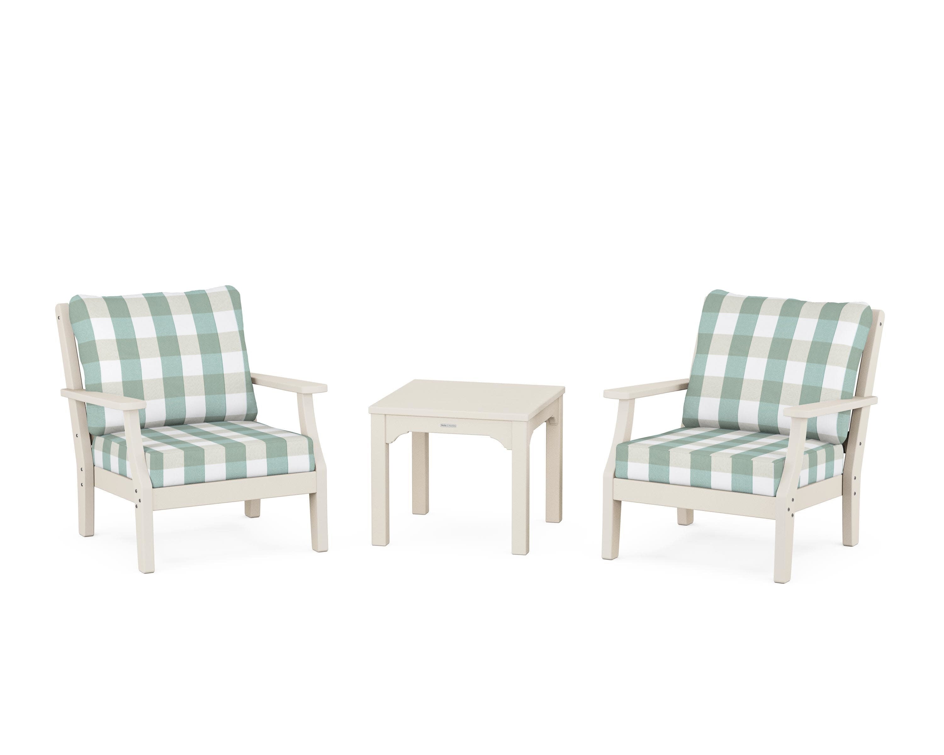 Chinoiserie 3-Piece Deep Seating Set in Sand / Buffalo Plaid Glacier Spa