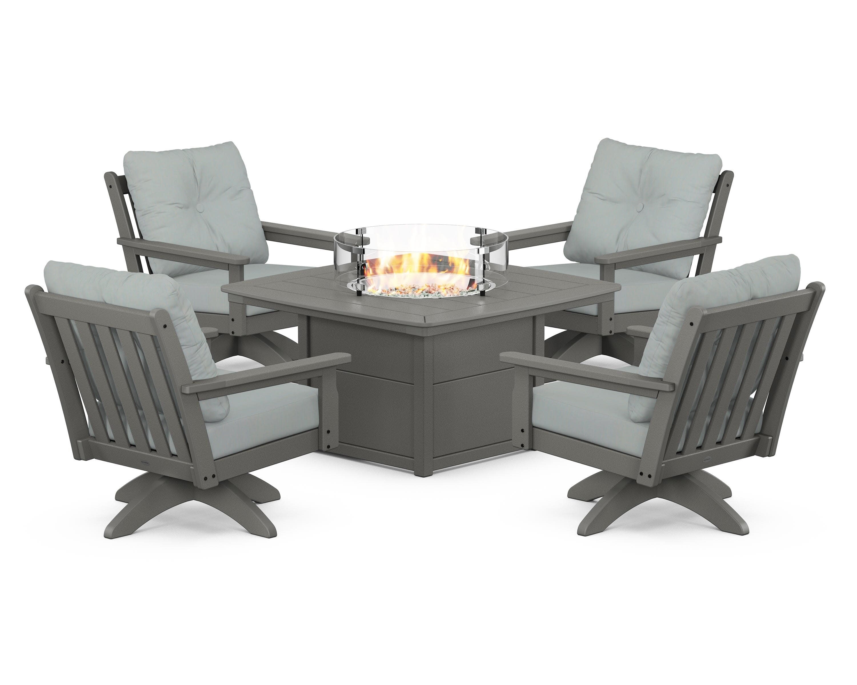 Vineyard 5-Piece Deep Seating Swivel Conversation Set with Fire Pit Table in Slate Grey / Spa