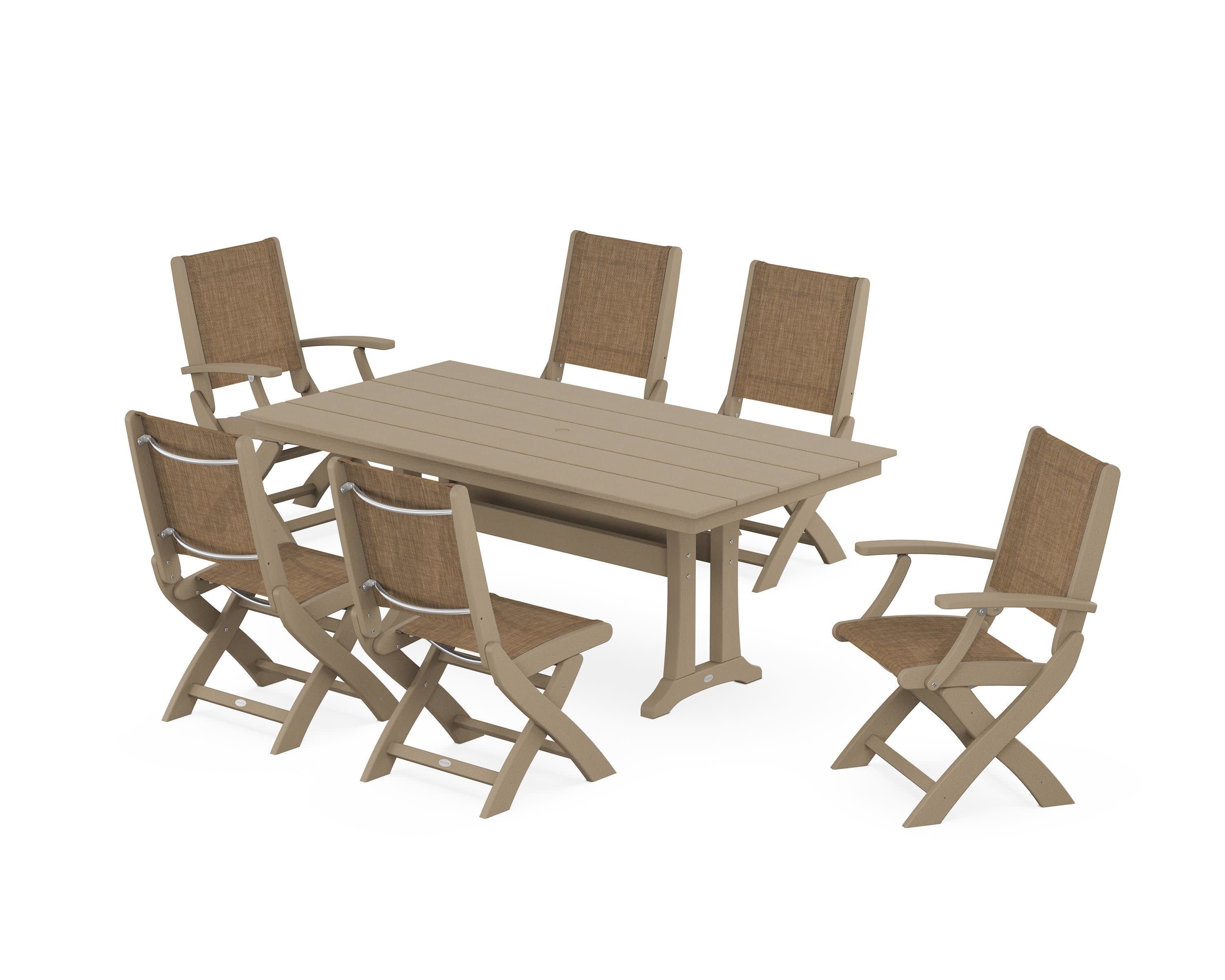 Coastal Folding Chair 7-Piece Farmhouse Dining Set with Trestle Legs in Vintage Sahara / Burlap Sling