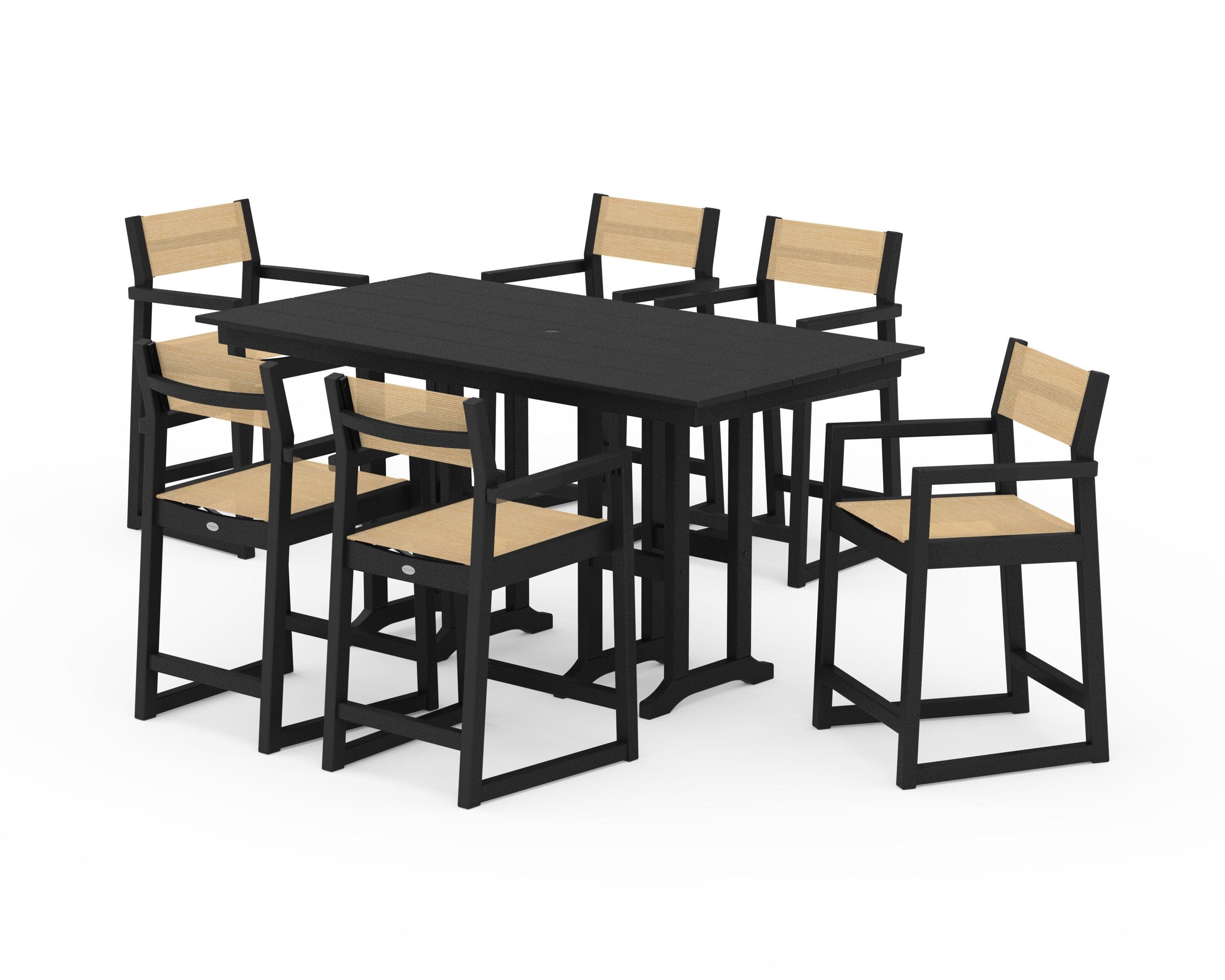 EDGE Sling Arm Chair 7-Piece Farmhouse Counter Set in Black / Dupioni Apricot Sling