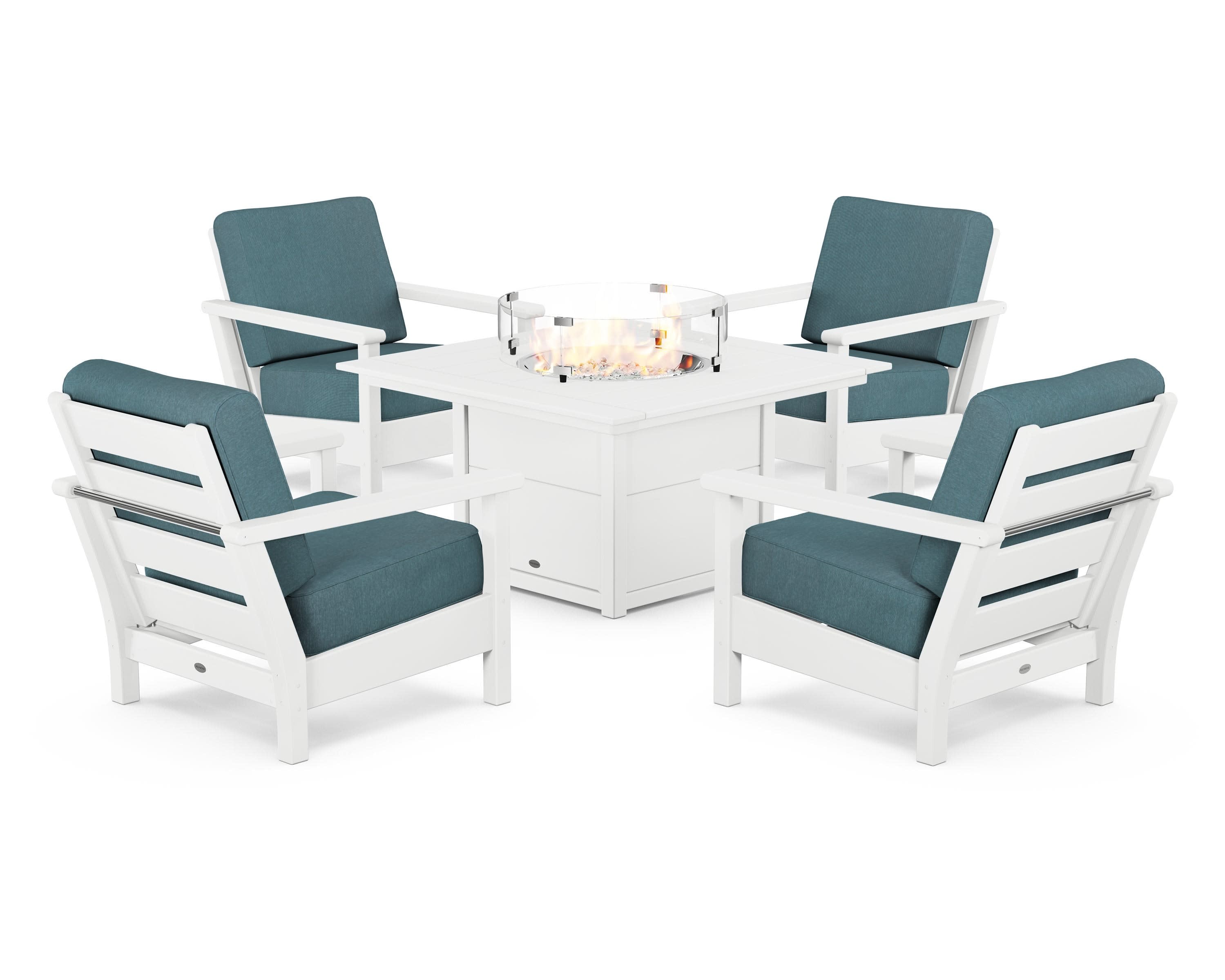 Harbour 5-Piece Conversation Set with Fire Pit Table in White / Ocean Teal