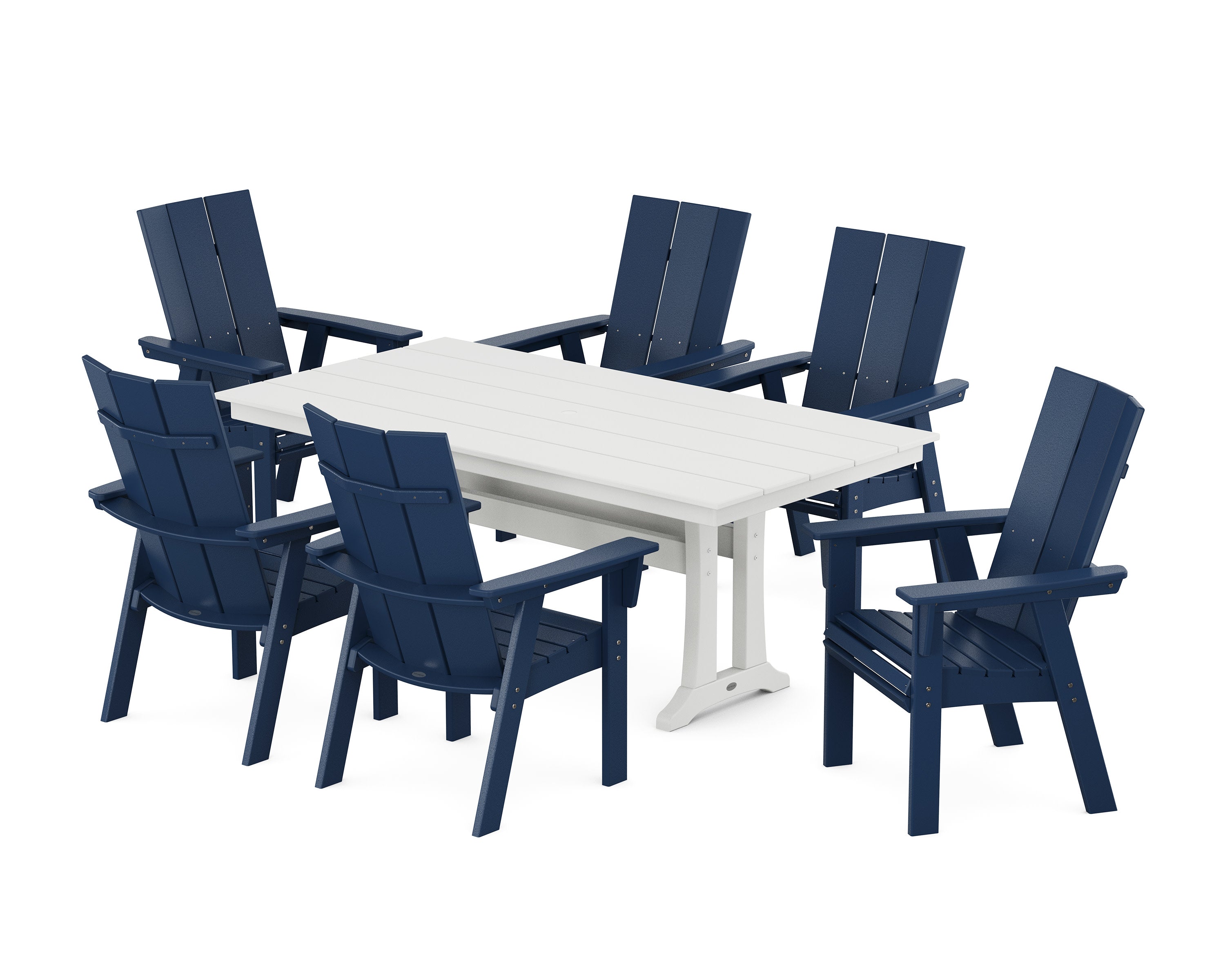 Modern Curveback Adirondack 7-Piece Farmhouse Dining Set with Trestle Legs in Navy / White