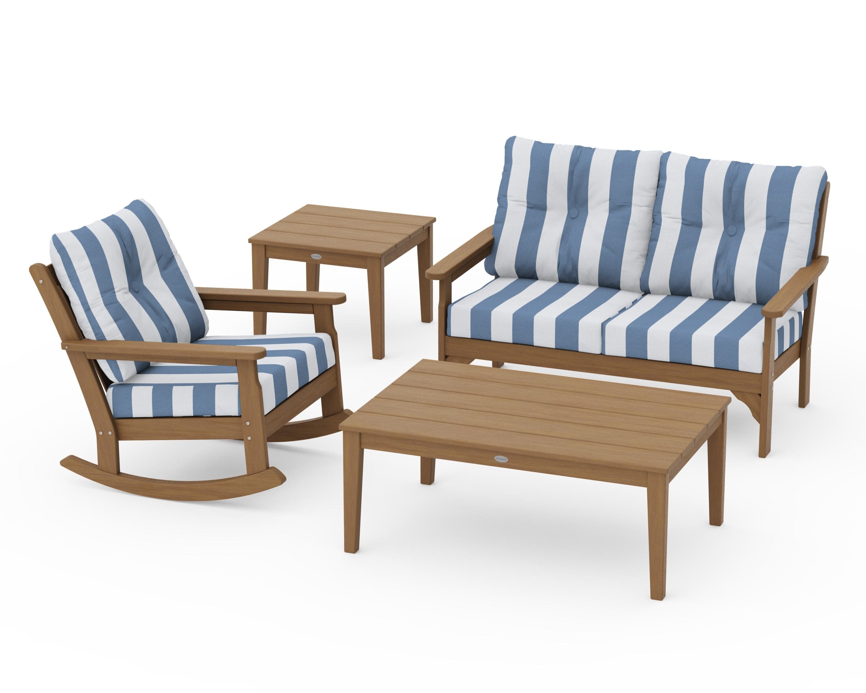 Vineyard 4-Piece Deep Seating Rocker Set in Natural / Cabana Stripe Sky Blue