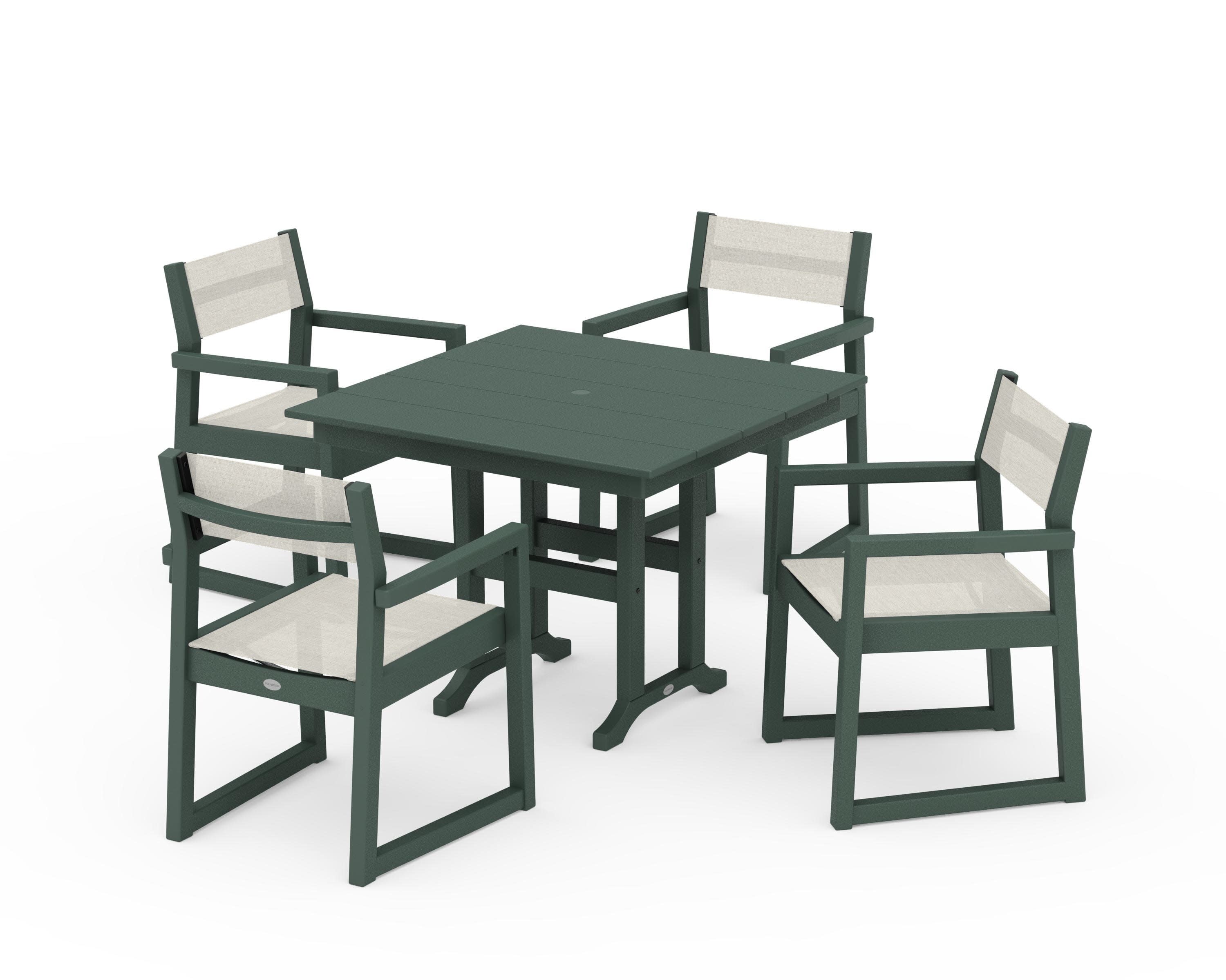 EDGE Sling Arm Chair 5-Piece Farmhouse Dining Set in Green / Parchment Sling