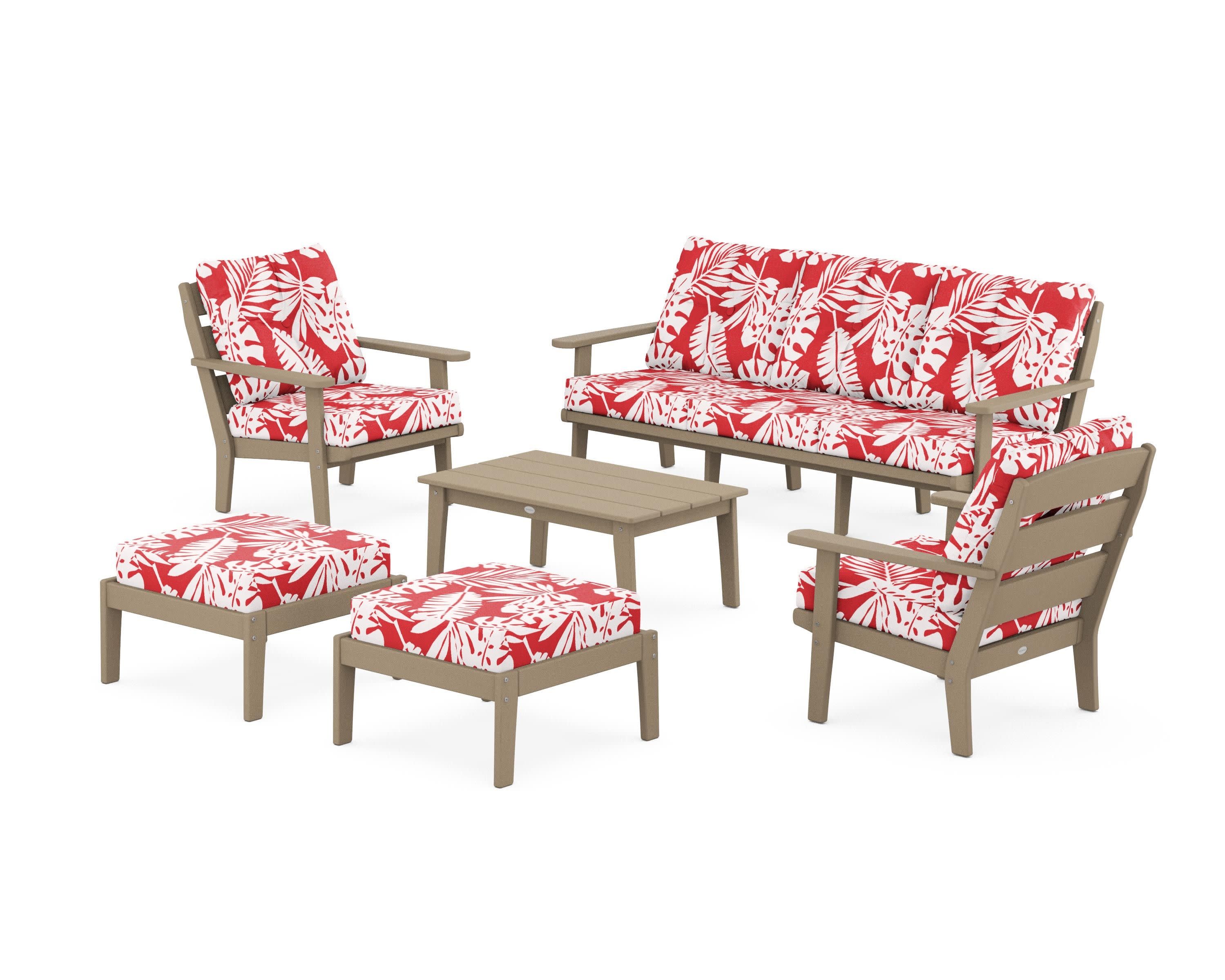 Lakeside 6-Piece Lounge Sofa Set in Vintage Sahara / Leaf Crimson