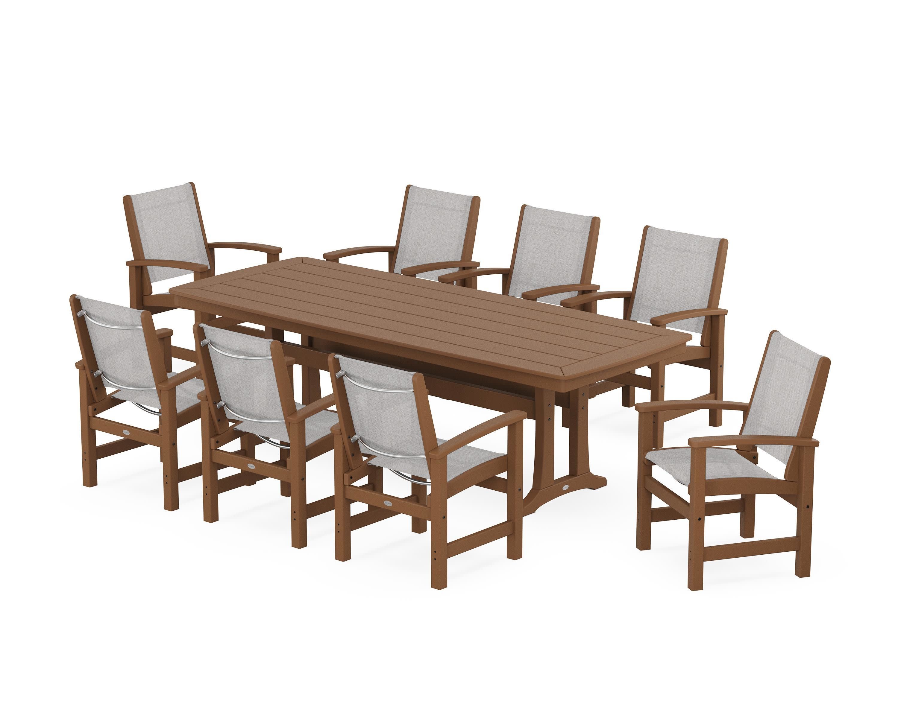 Coastal 9-Piece Dining Set with Trestle Legs in Teak / Parchment Sling