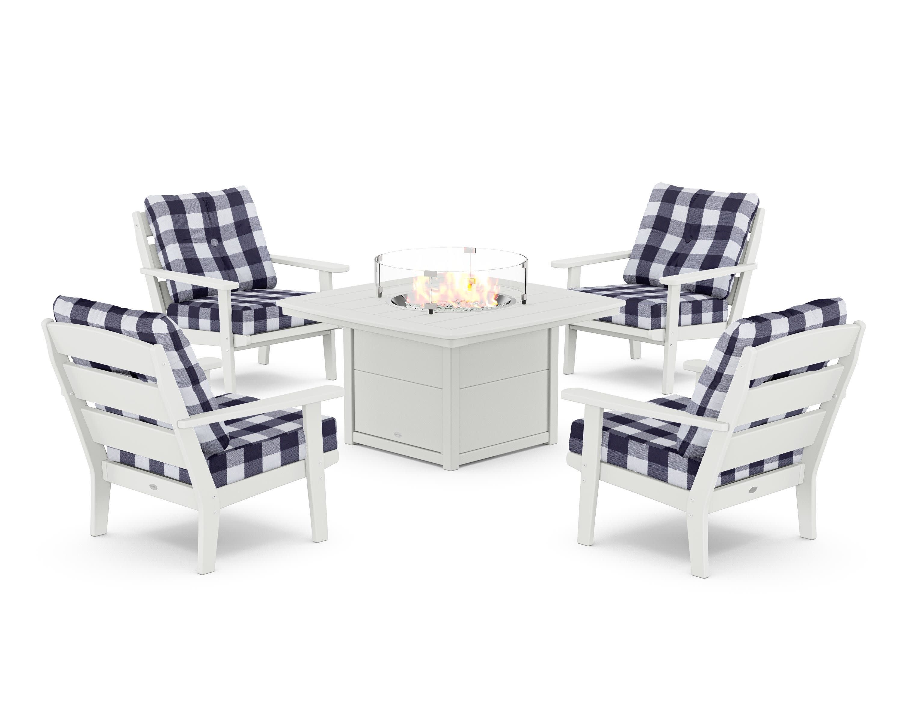 Lakeside 5-Piece Deep Seating Set with Nautical Fire Pit Table in White / Buffalo Plaid Navy