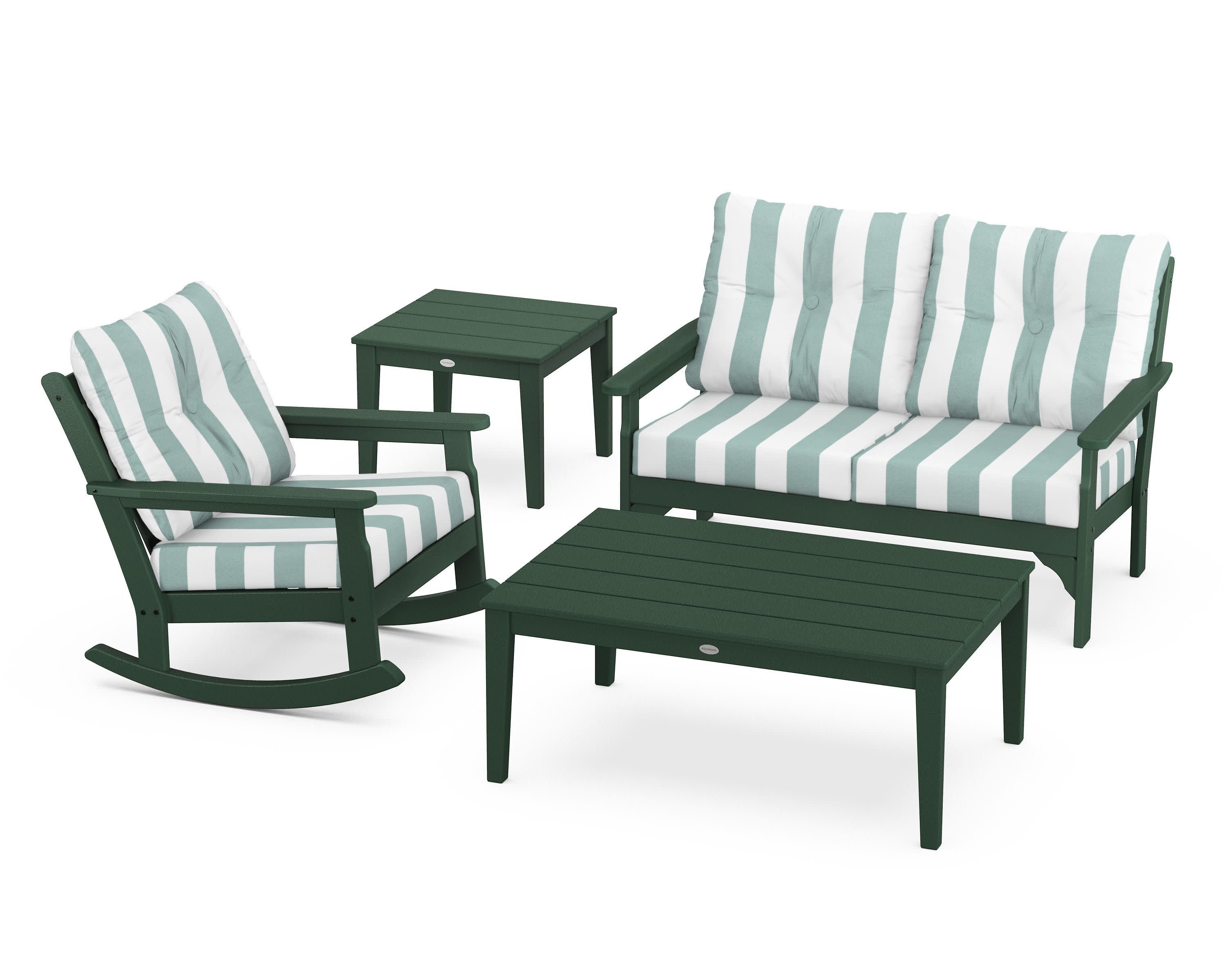 Vineyard 4-Piece Deep Seating Rocker Set in Green / Cabana Stripe Glacier Spa