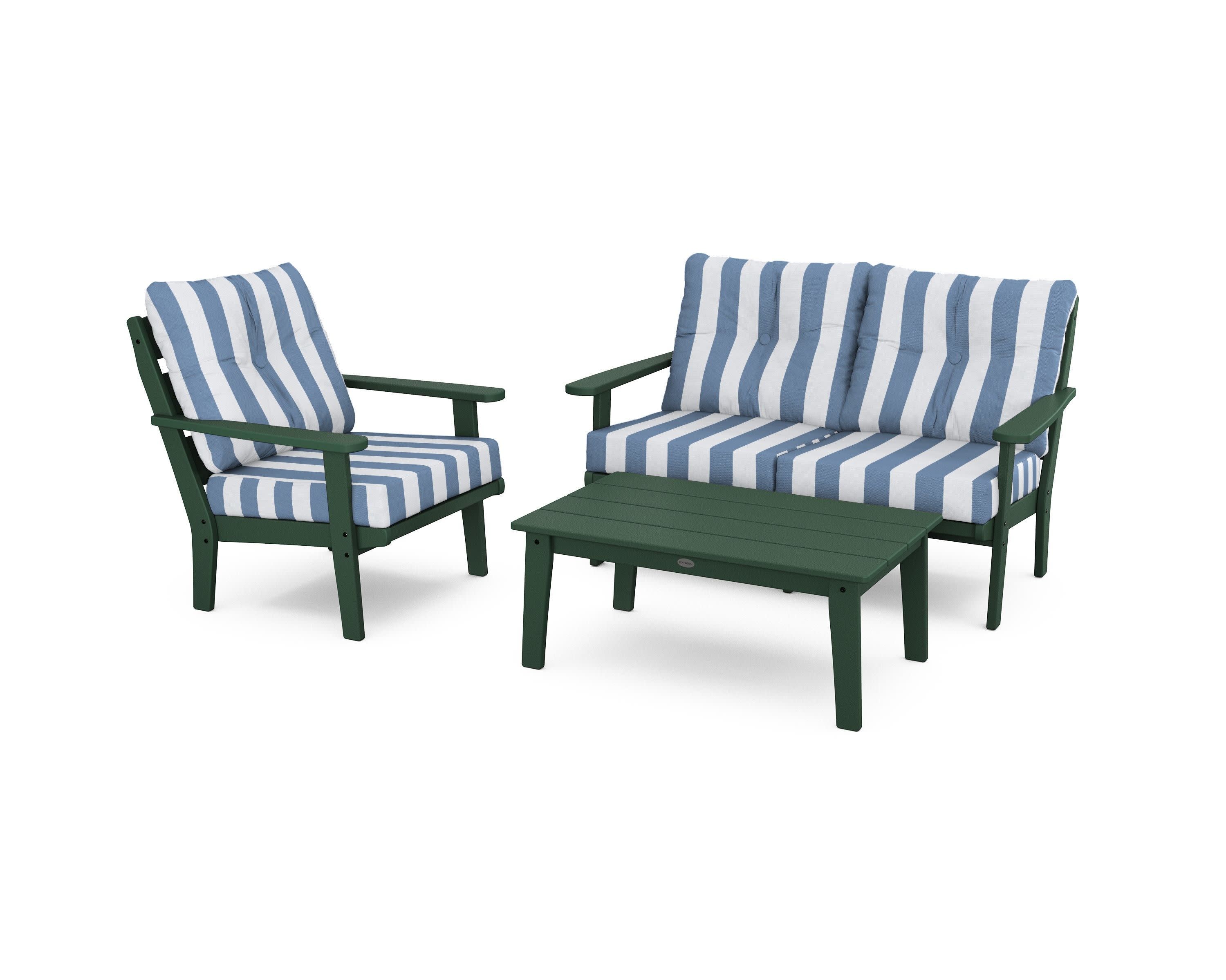 Lakeside 3-Piece Deep Seating Set in Green / Cabana Stripe Sky Blue