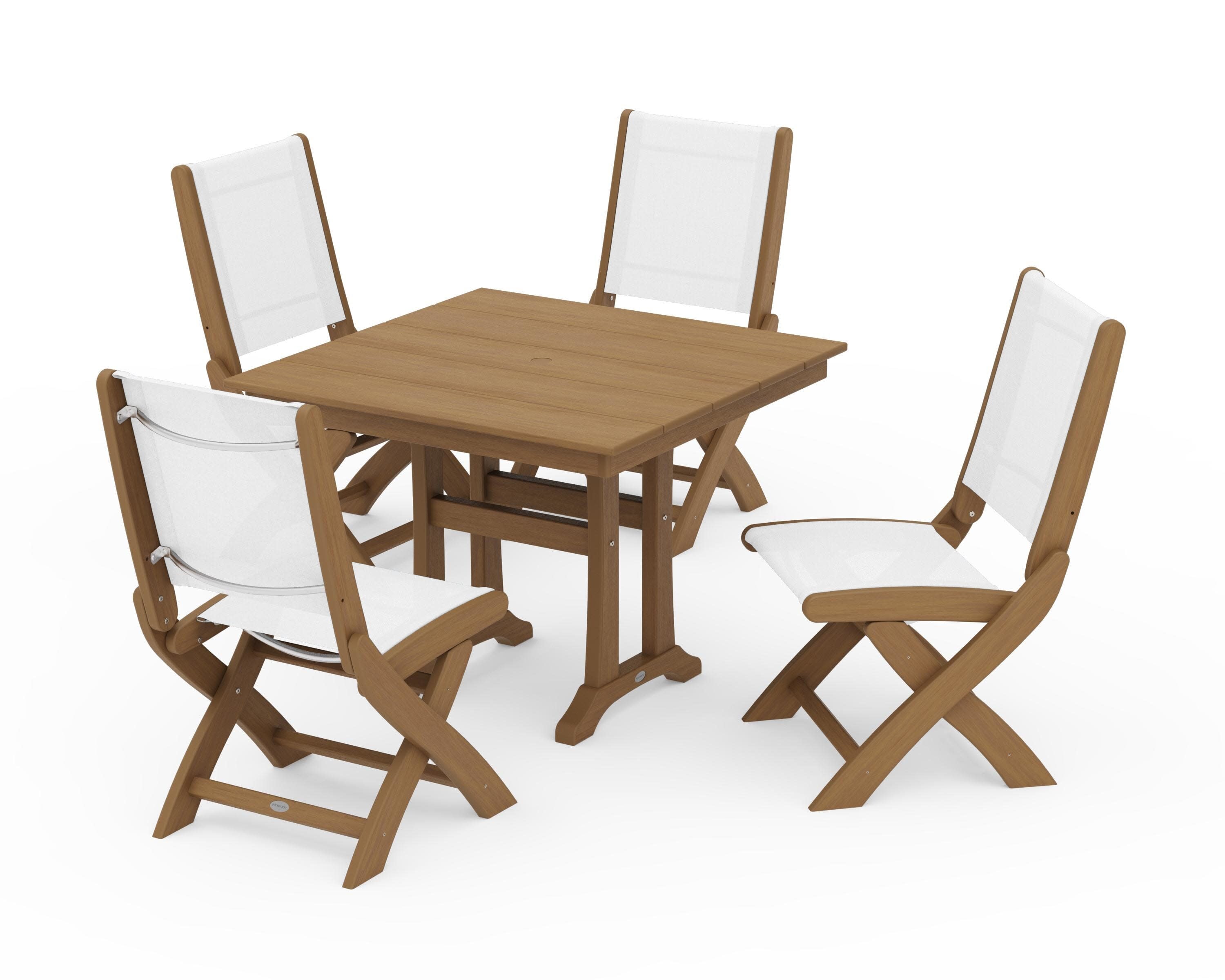 Coastal Folding Side Chair 5-Piece Farmhouse Dining Set With Trestle Legs in Natural / White Sling