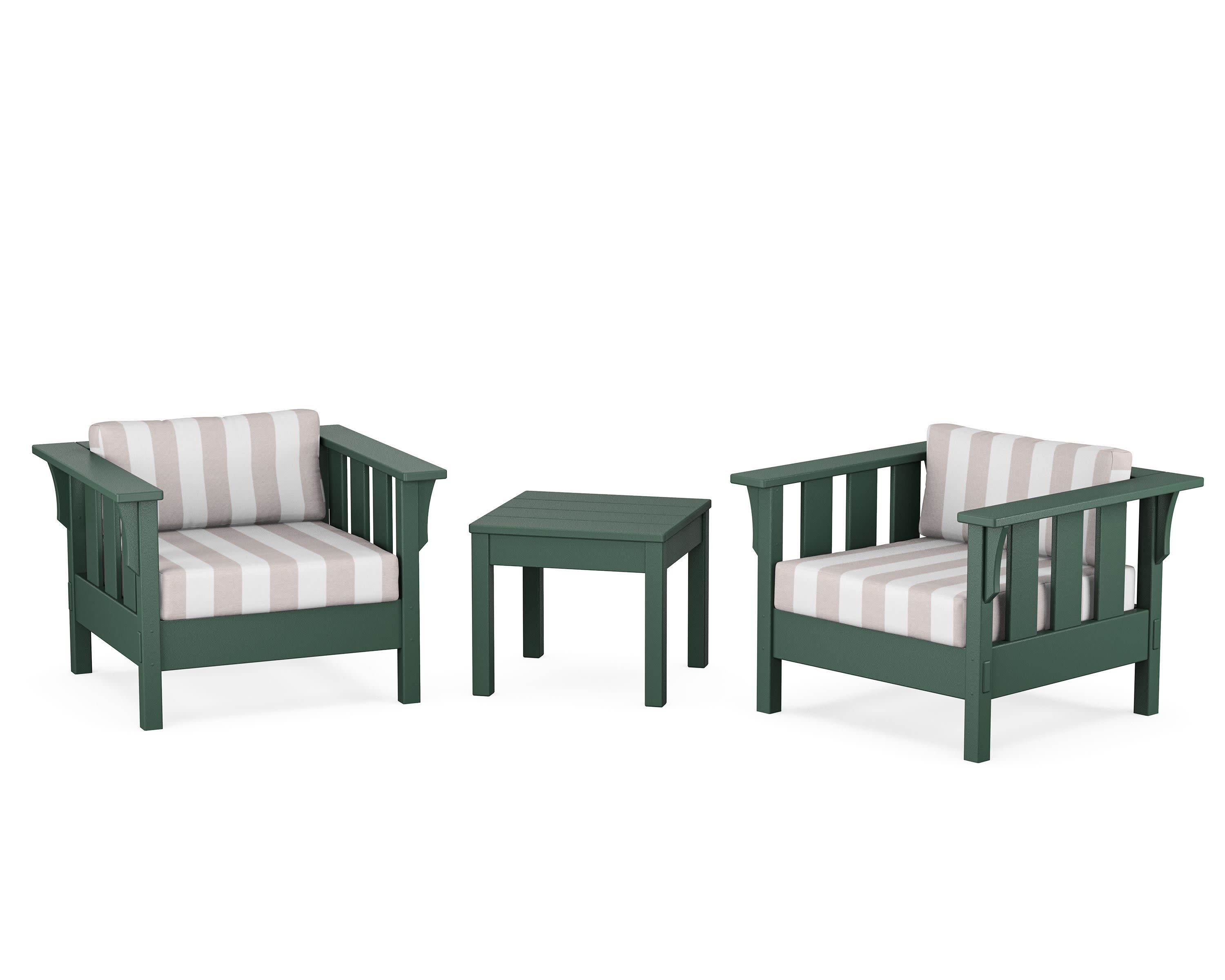 Acadia 3-Piece Deep Seating Set in Green / Cabana Stripe Dune Burlap