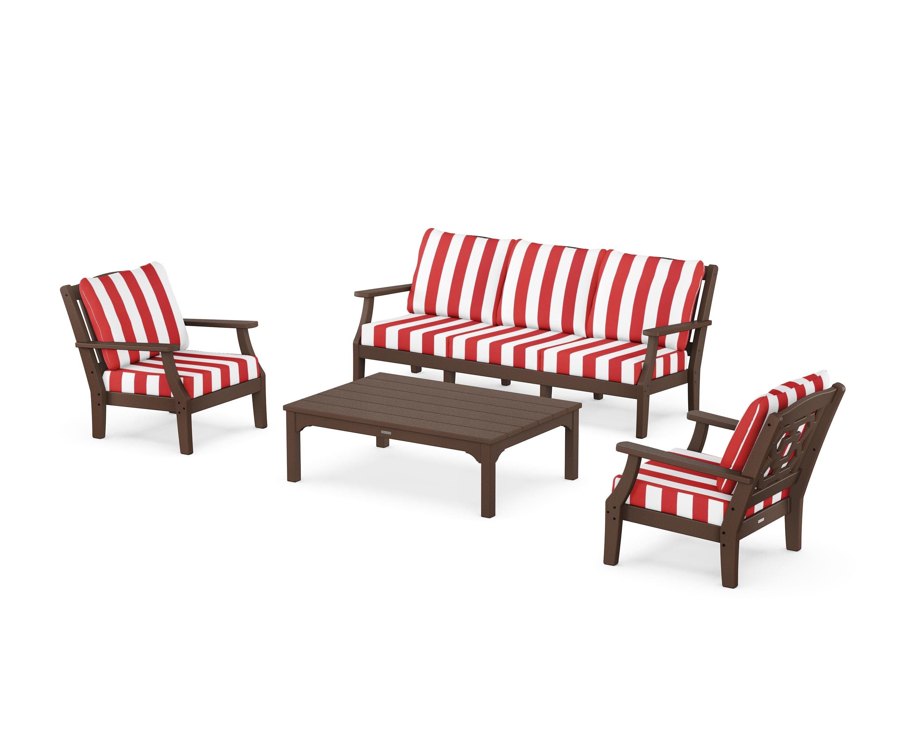 Chinoiserie 4-Piece Deep Seating Set with Sofa in Mahogany / Cabana Stripe Crimson