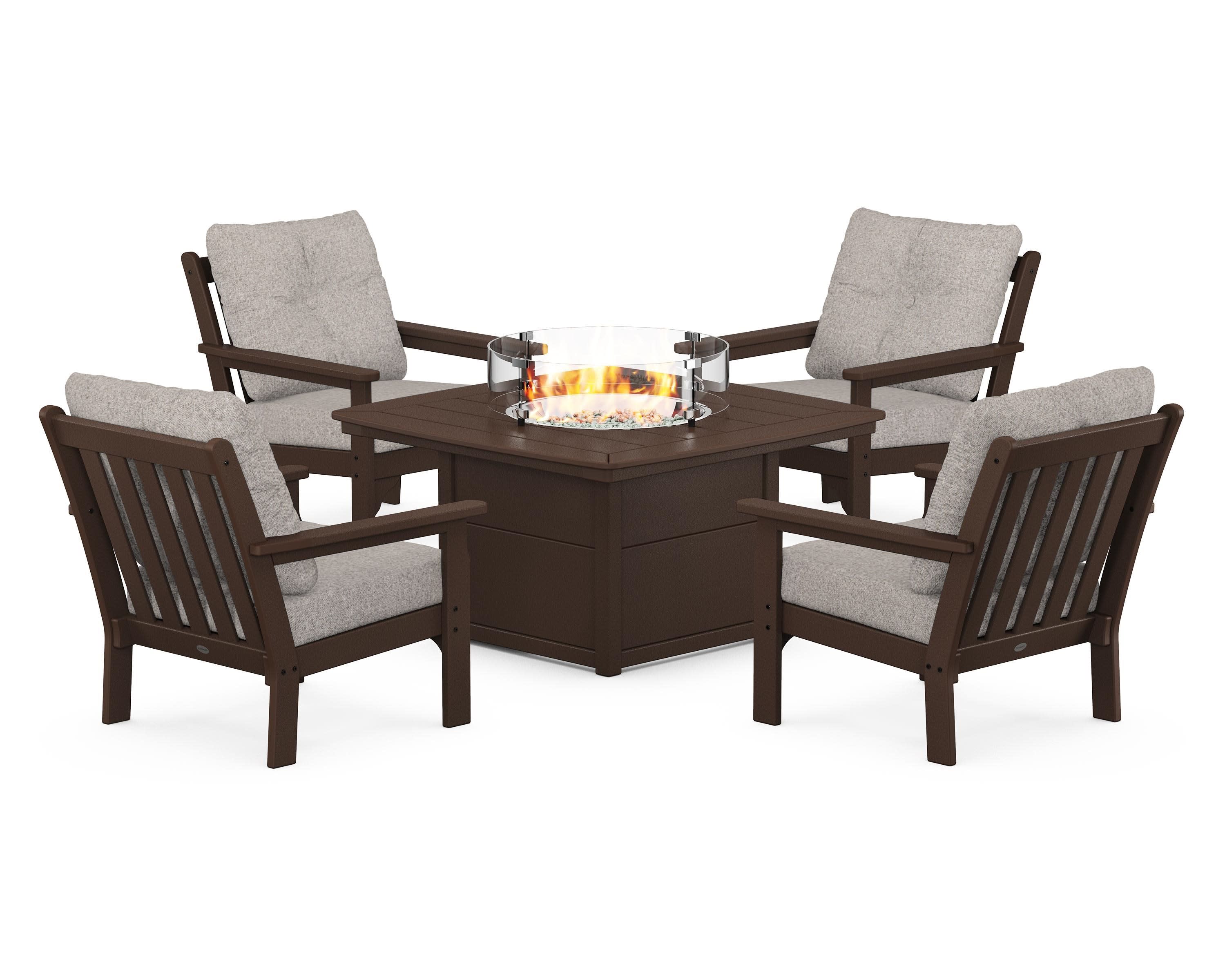 Vineyard 5-Piece Conversation Set with Fire Pit Table in Mahogany / Weathered Tweed