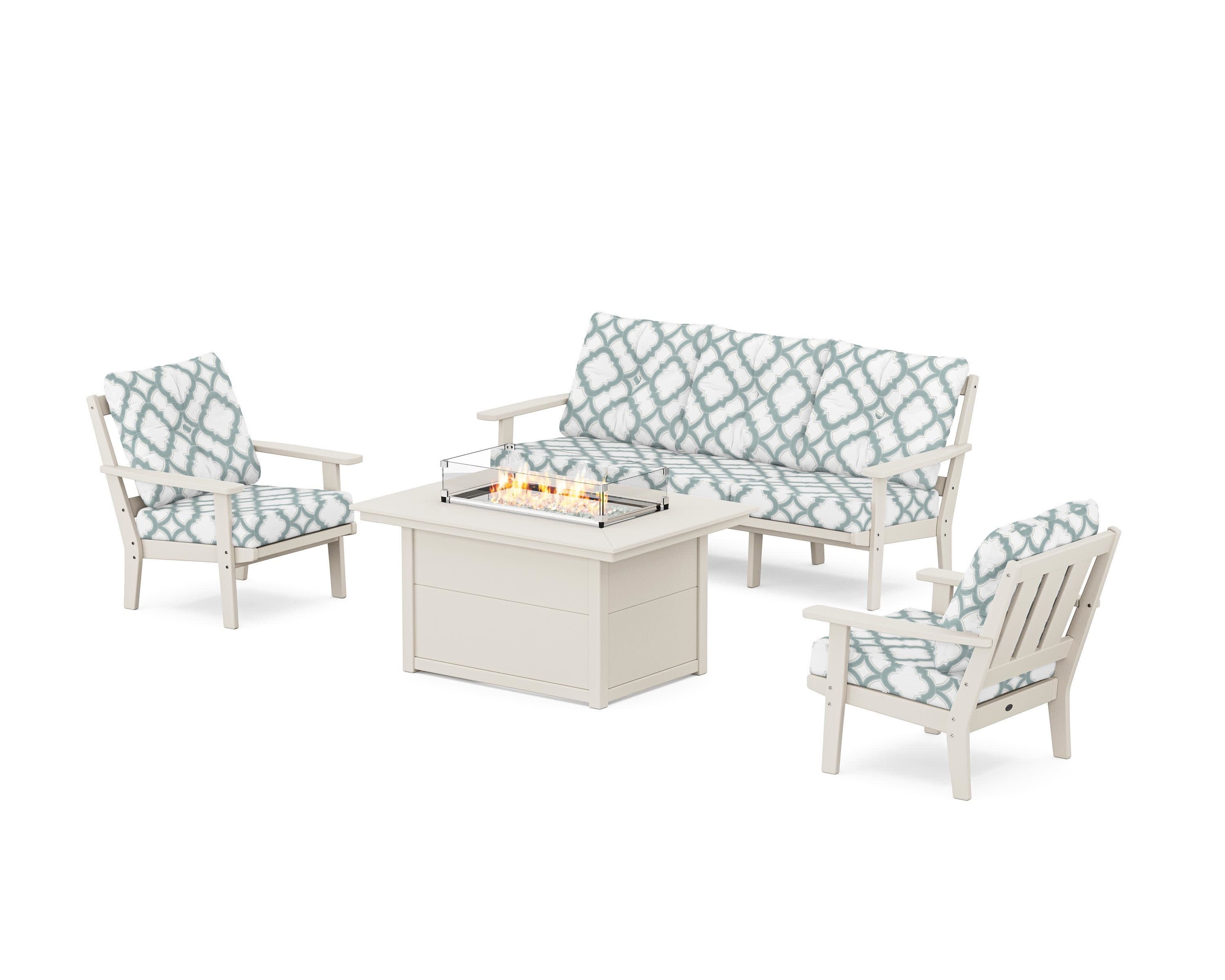 Oxford Deep Seating Fire Pit Table Set in Sand / Trellis Glacier Spa