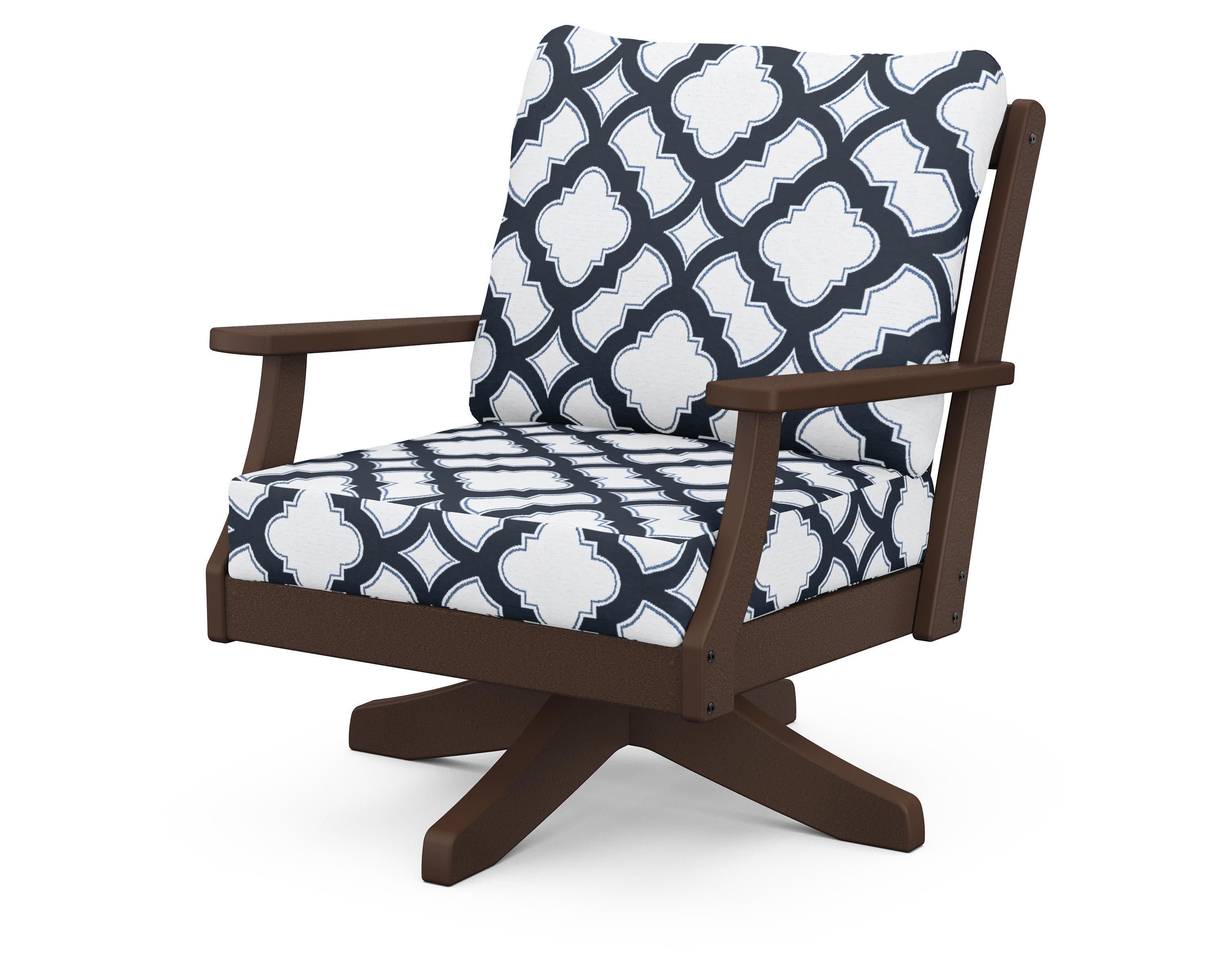 Braxton Deep Seating Swivel Chair in Mahogany / Trellis Marine Indigo