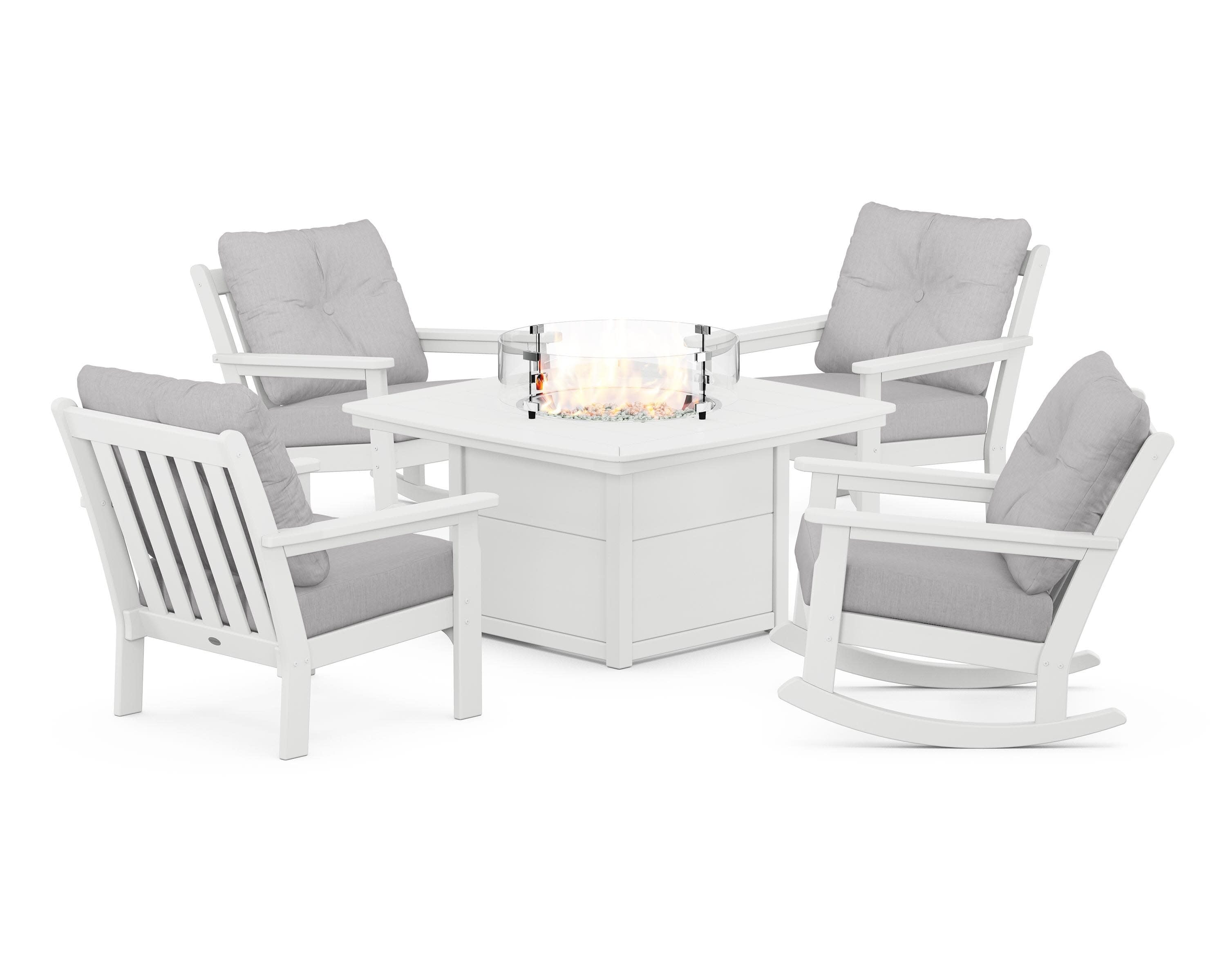 Vineyard 5-Piece Deep Seating Rocking Chair Conversation Set with Fire Pit Table in White / Granite