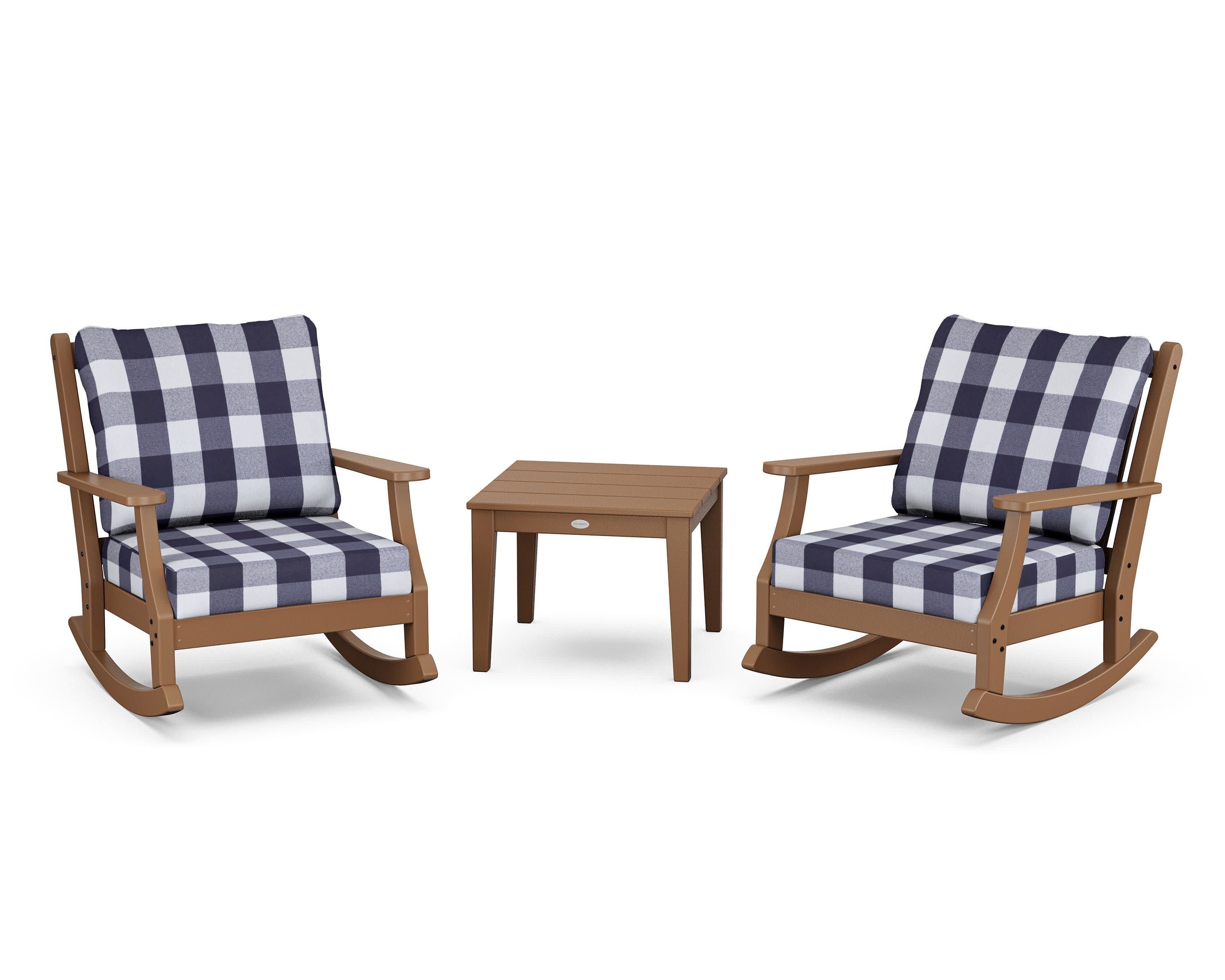 Wovendale 3-Piece Deep Seating Rocker Set in Teak / Buffalo Plaid Navy