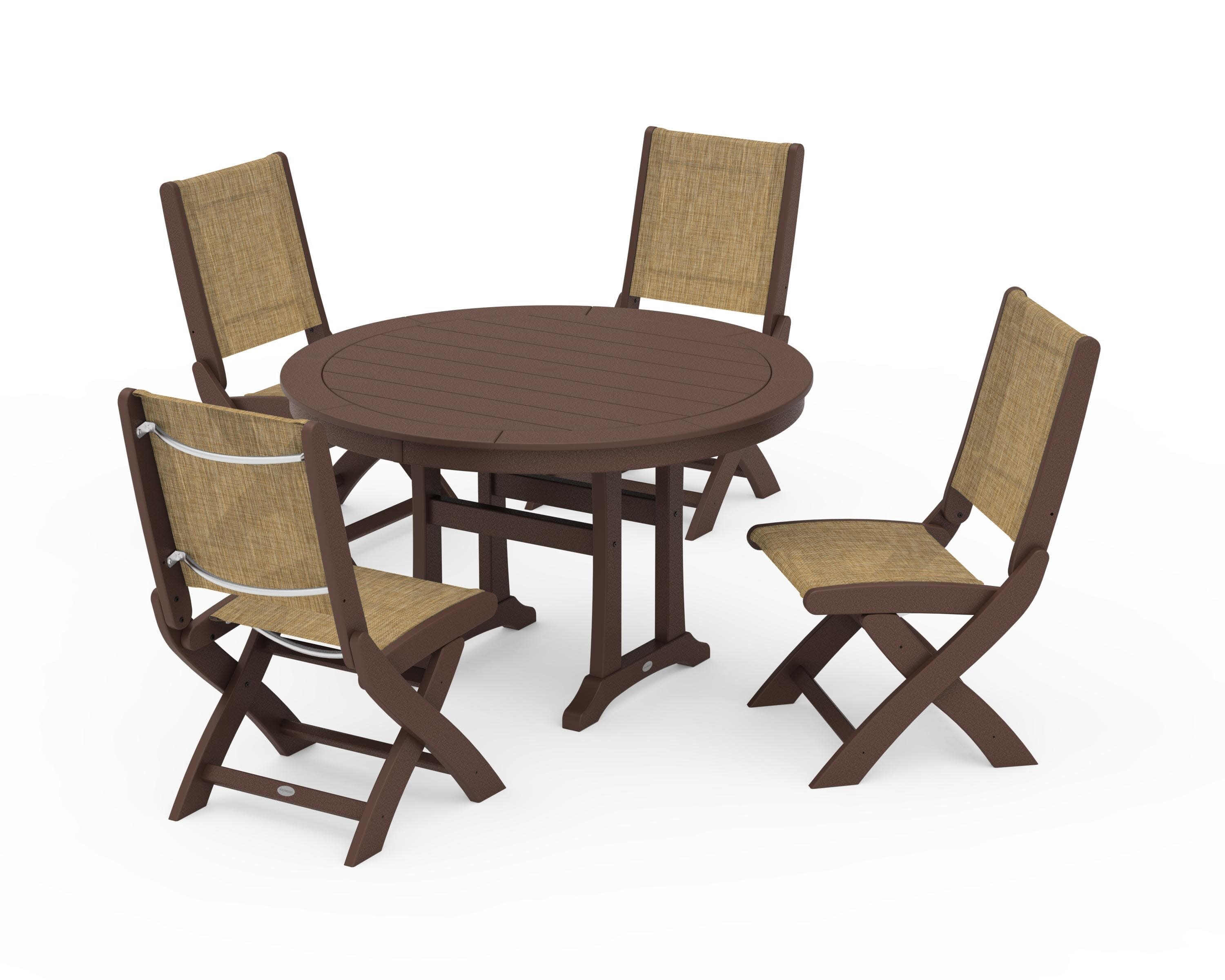 Coastal Folding Side Chair 5-Piece Round Dining Set With Trestle Legs in Mahogany / Burlap Sling