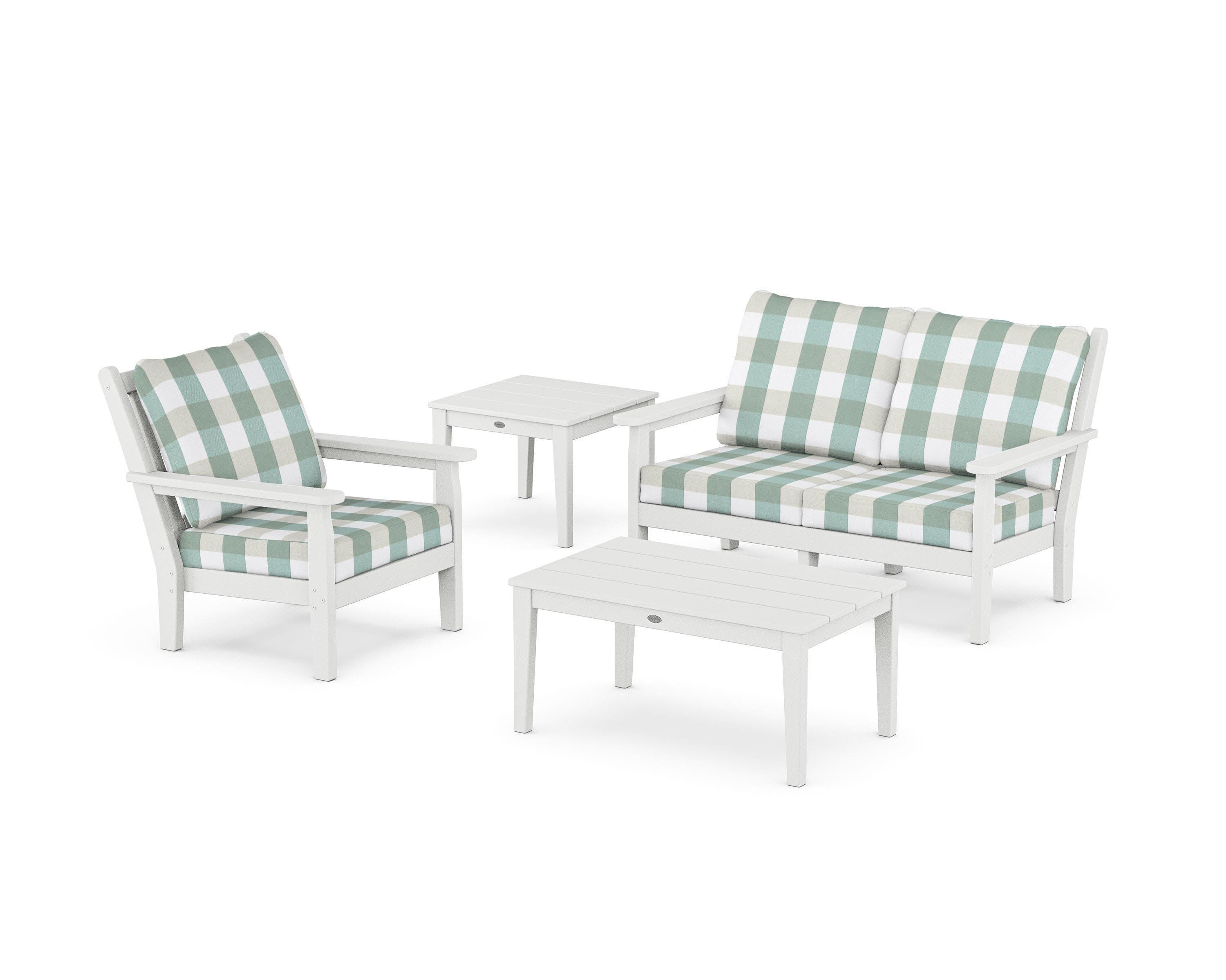 Chippendale 4-Piece Deep Seating Set in White / Buffalo Plaid Glacier Spa