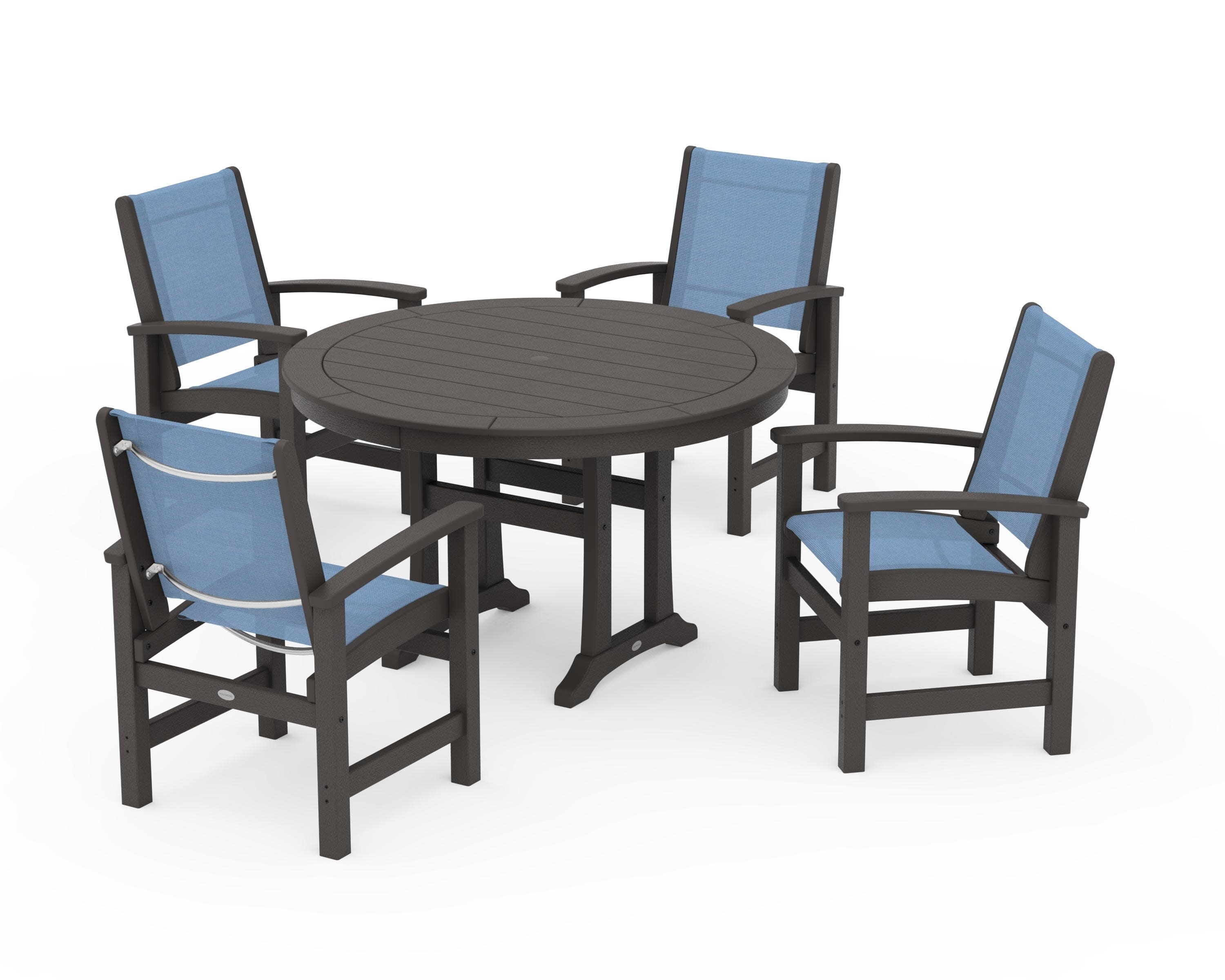 Coastal 5-Piece Round Dining Set with Trestle Legs in Vintage Coffee / Poolside Sling