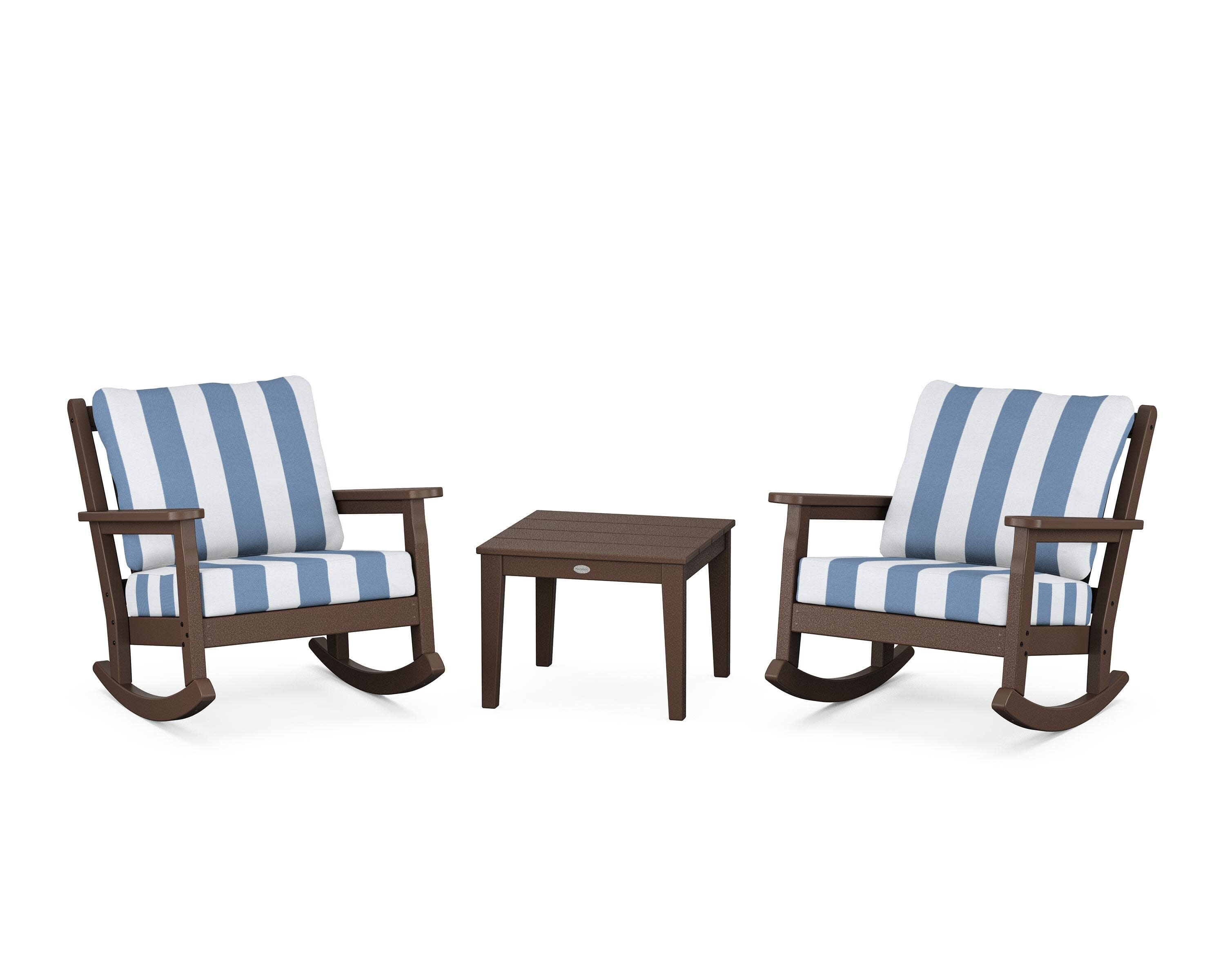 Chippendale 3-Piece Deep Seating Rocker Set in Mahogany / Cabana Stripe Sky Blue