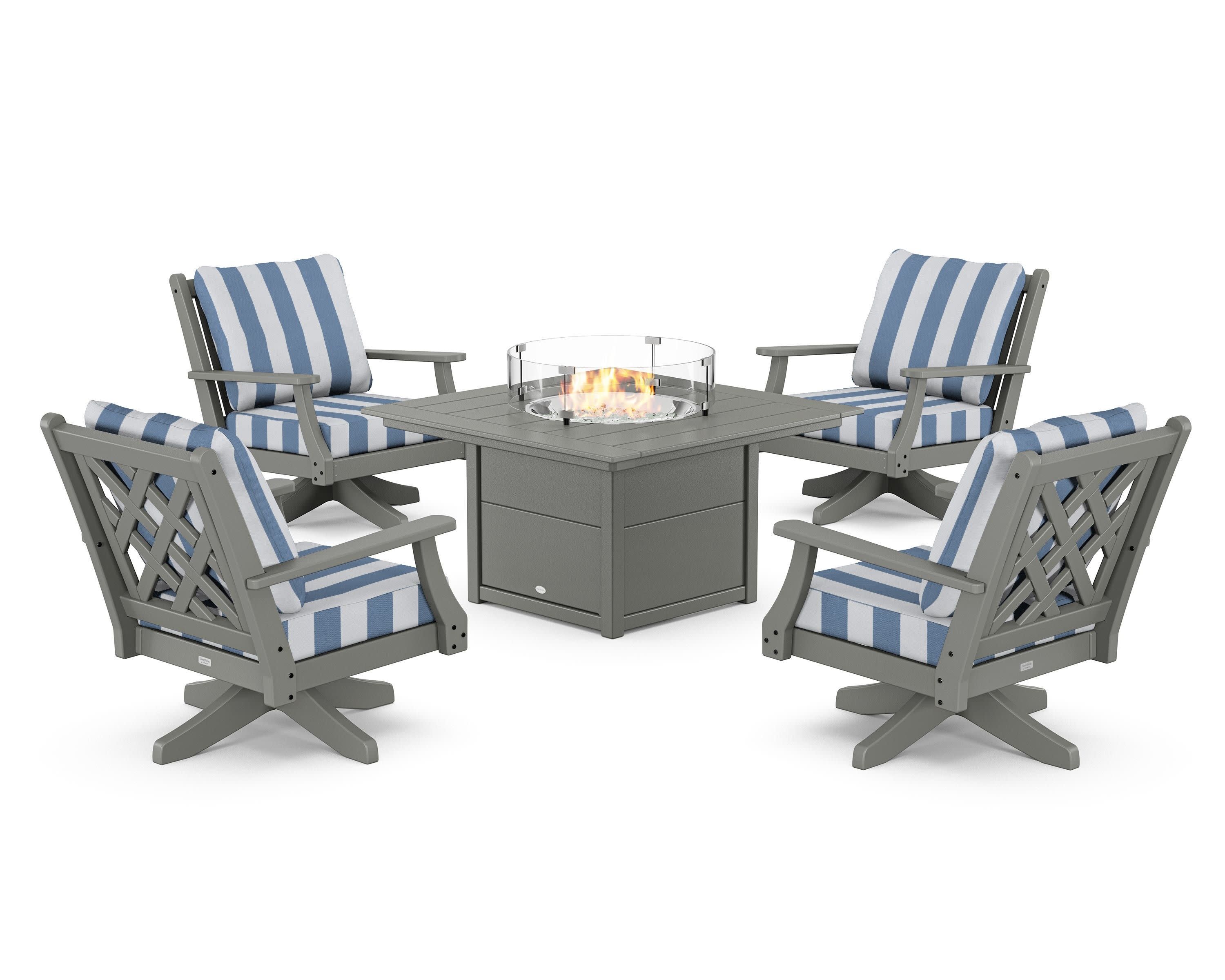 Wovendale 5-Piece Deep Seating Swivel Conversation Set with Fire Pit Table in Slate Grey / Cabana Stripe Sky Blue
