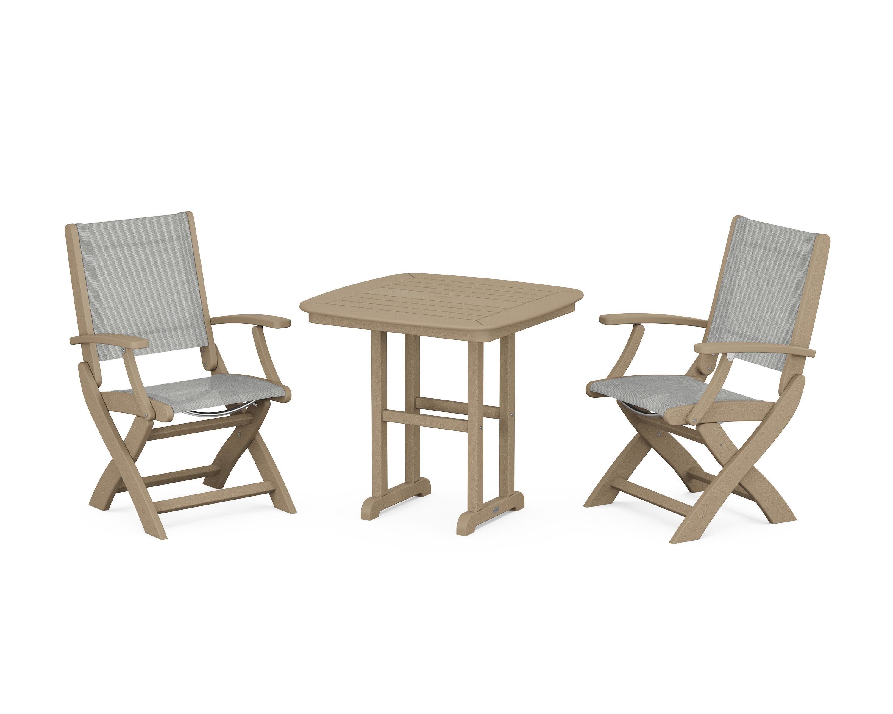 Coastal Folding Chair 3-Piece Dining Set in Vintage Sahara / Metallic Sling