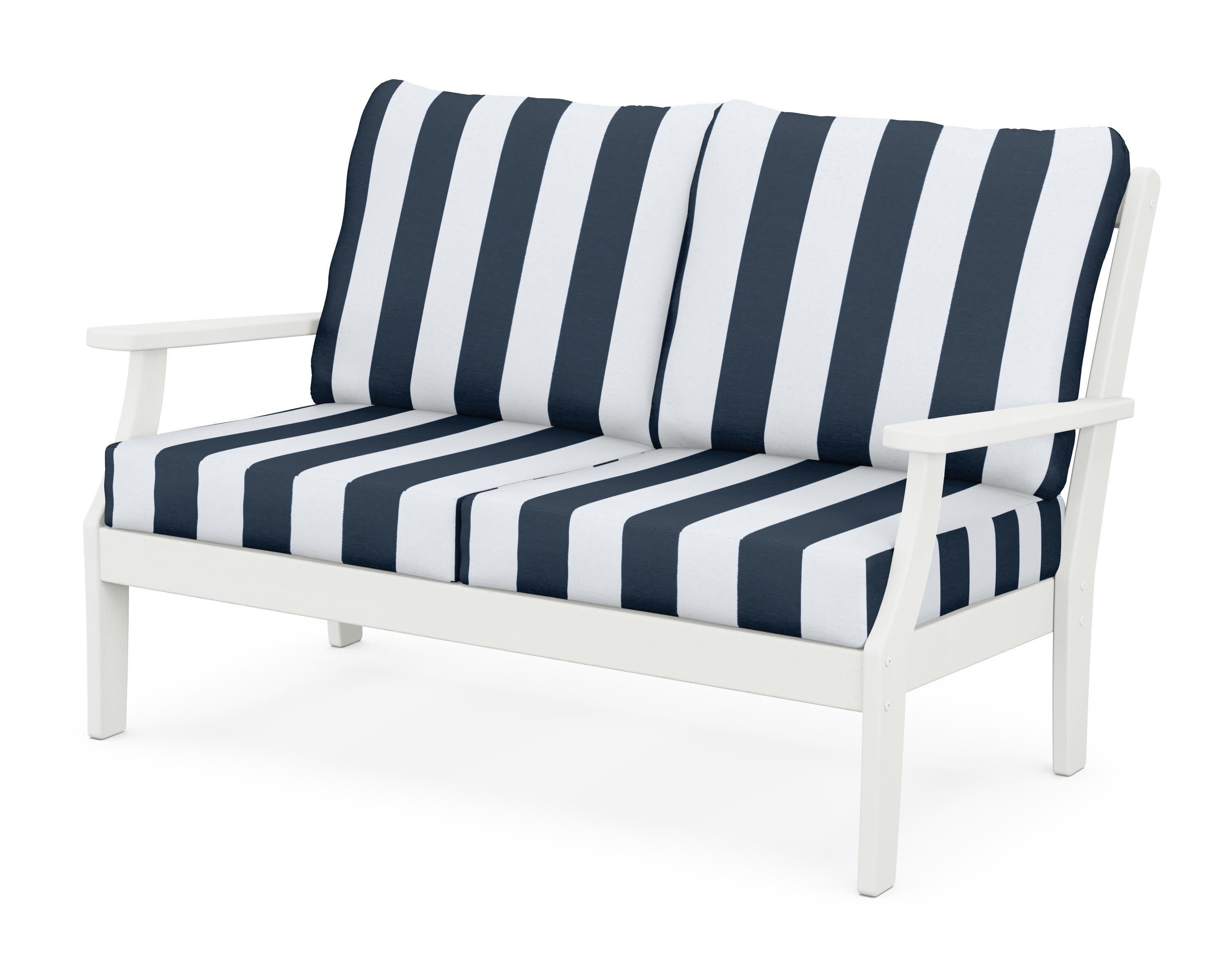 Braxton Deep Seating Loveseat in Vintage White / Cabana Stripe Marine Indigo
