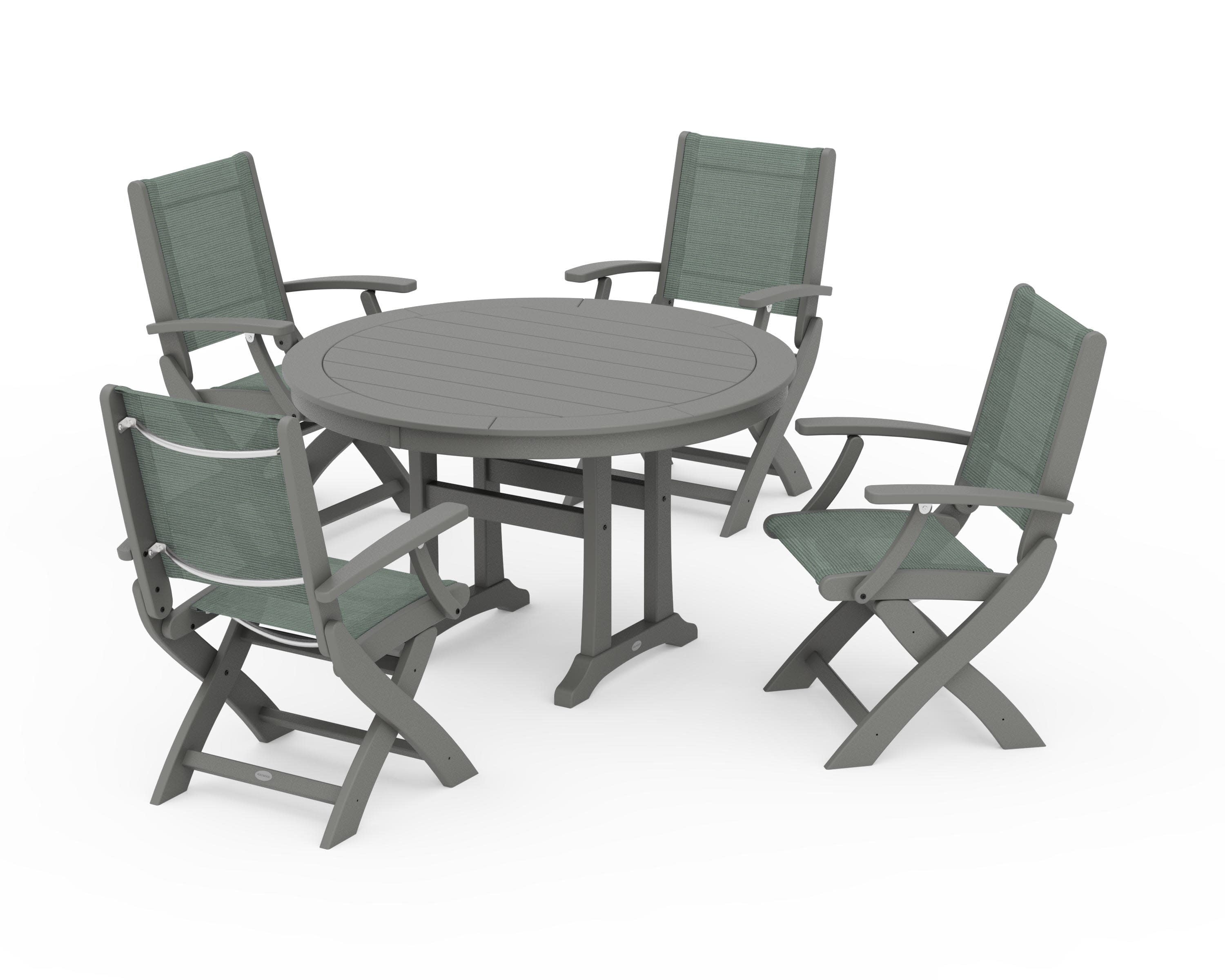 Coastal Folding Chair 5-Piece Round Dining Set with Trestle Legs in Slate Grey / Dupioni Sea Mist Sling