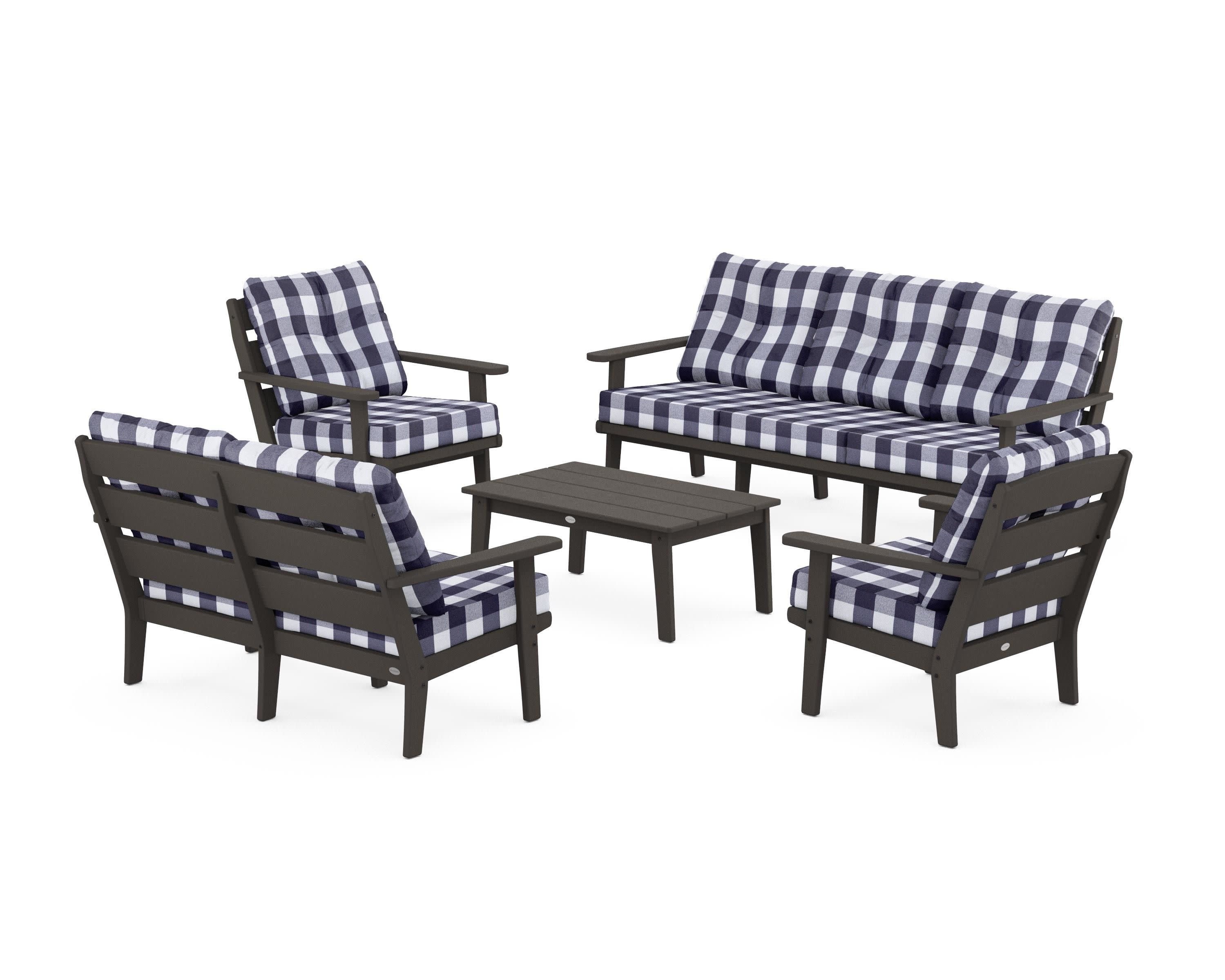 Lakeside 5-Piece Lounge Sofa Set in Vintage Coffee / Buffalo Plaid Navy
