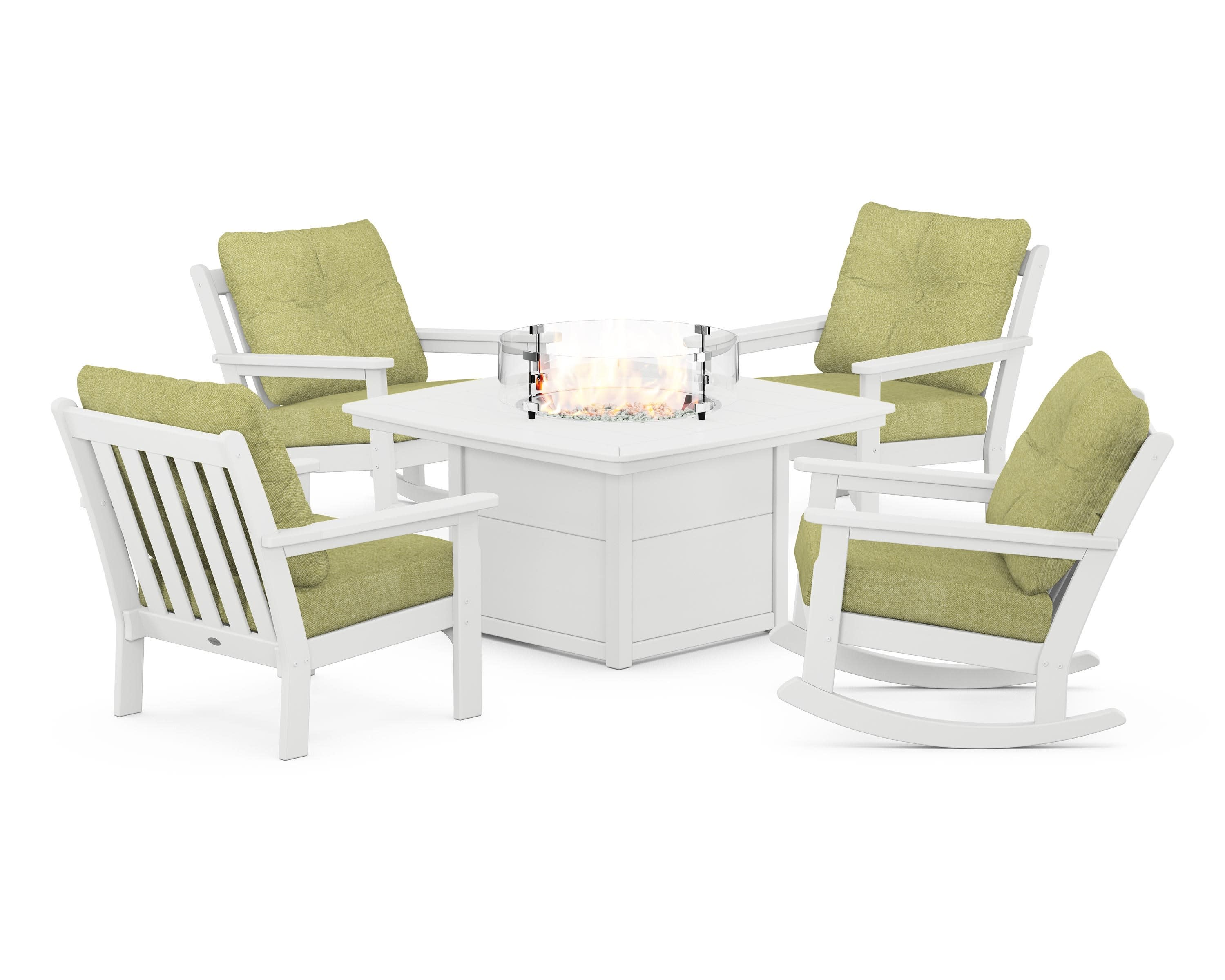 Vineyard 5-Piece Deep Seating Rocking Chair Conversation Set with Fire Pit Table in White / Chartreuse Boucle