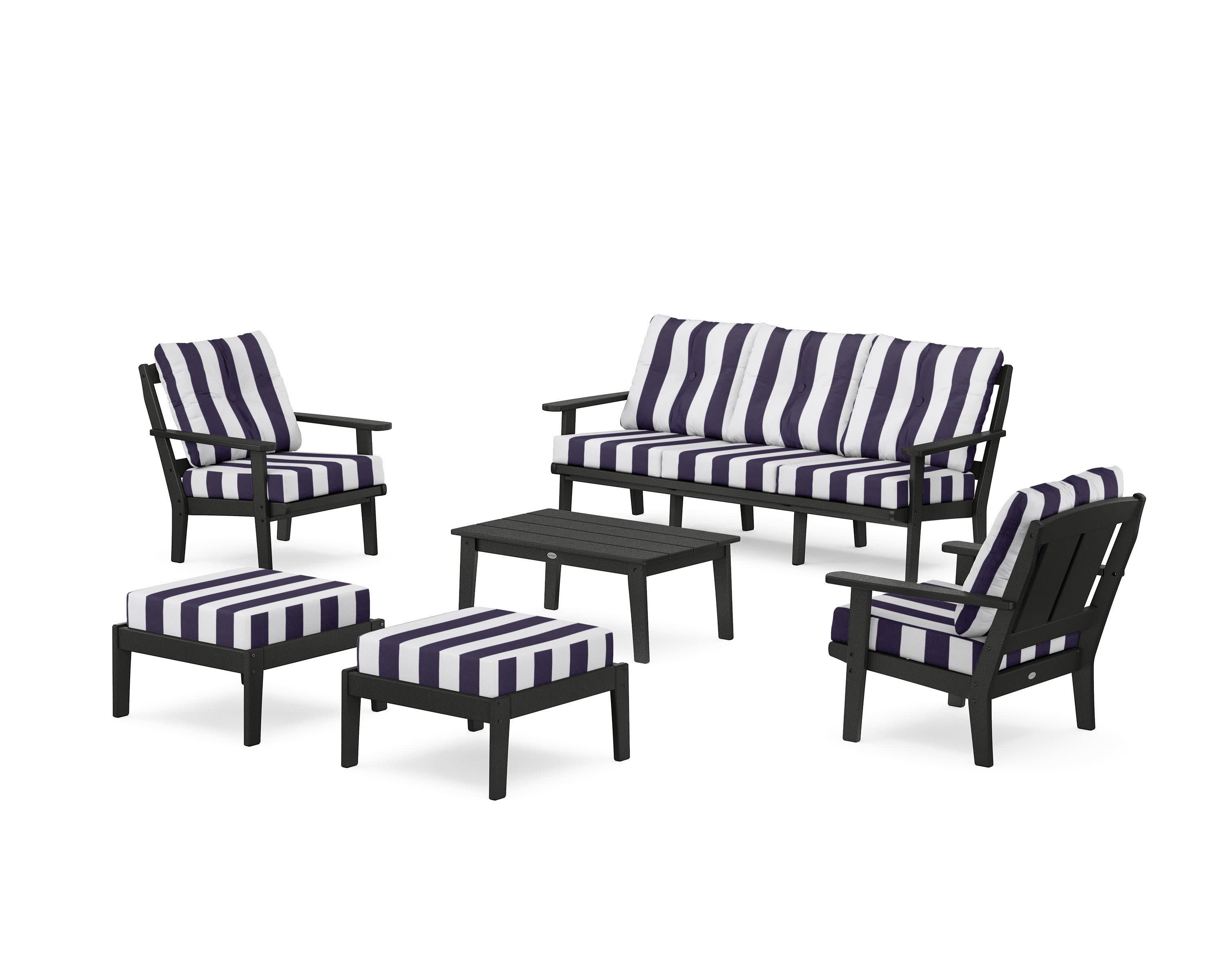 Mission 6-Piece Lounge Sofa Set in Black / Cabana Stripe Navy