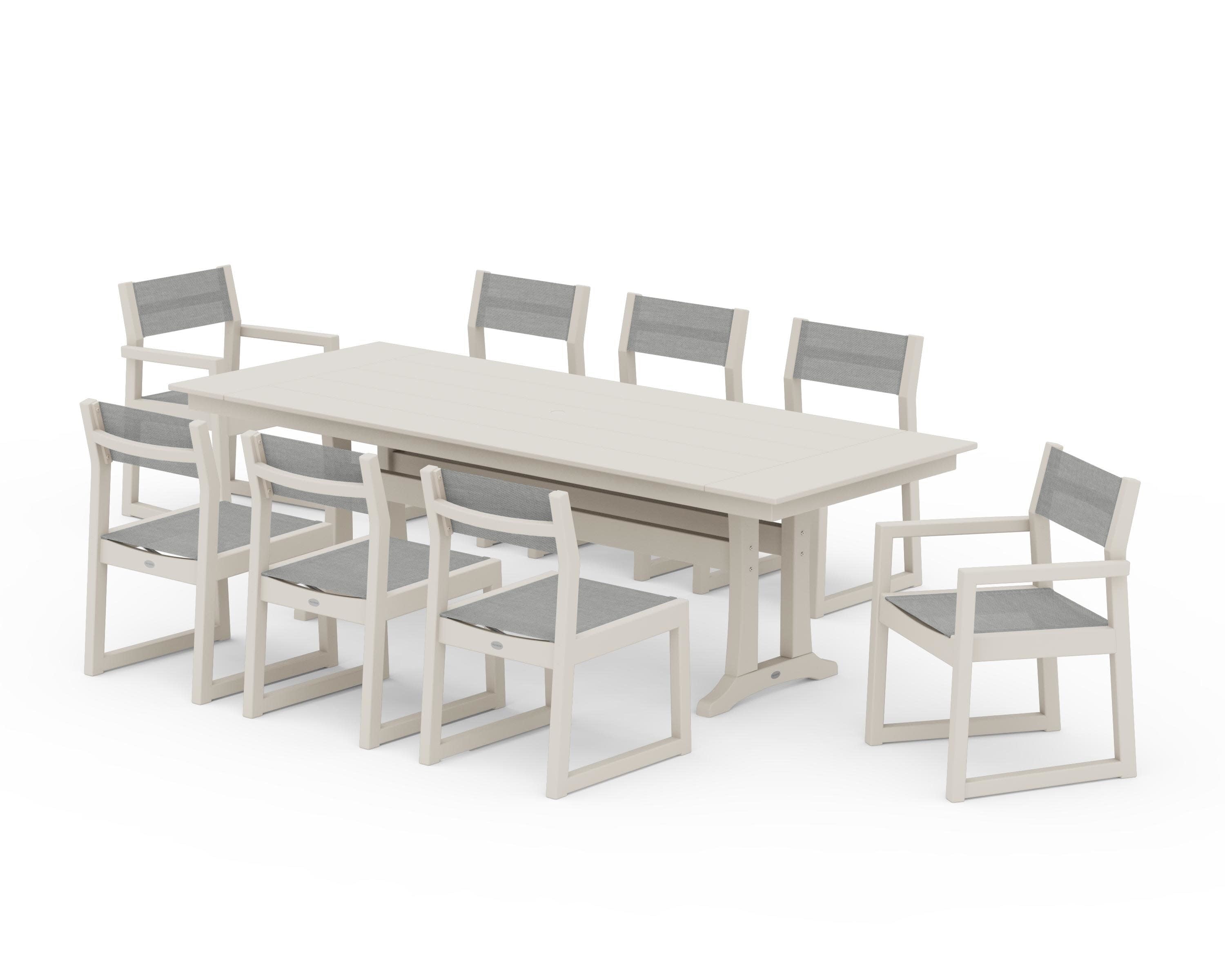 EDGE Sling 9-Piece Farmhouse Trestle Dining Set in Sand / Metallic Sling