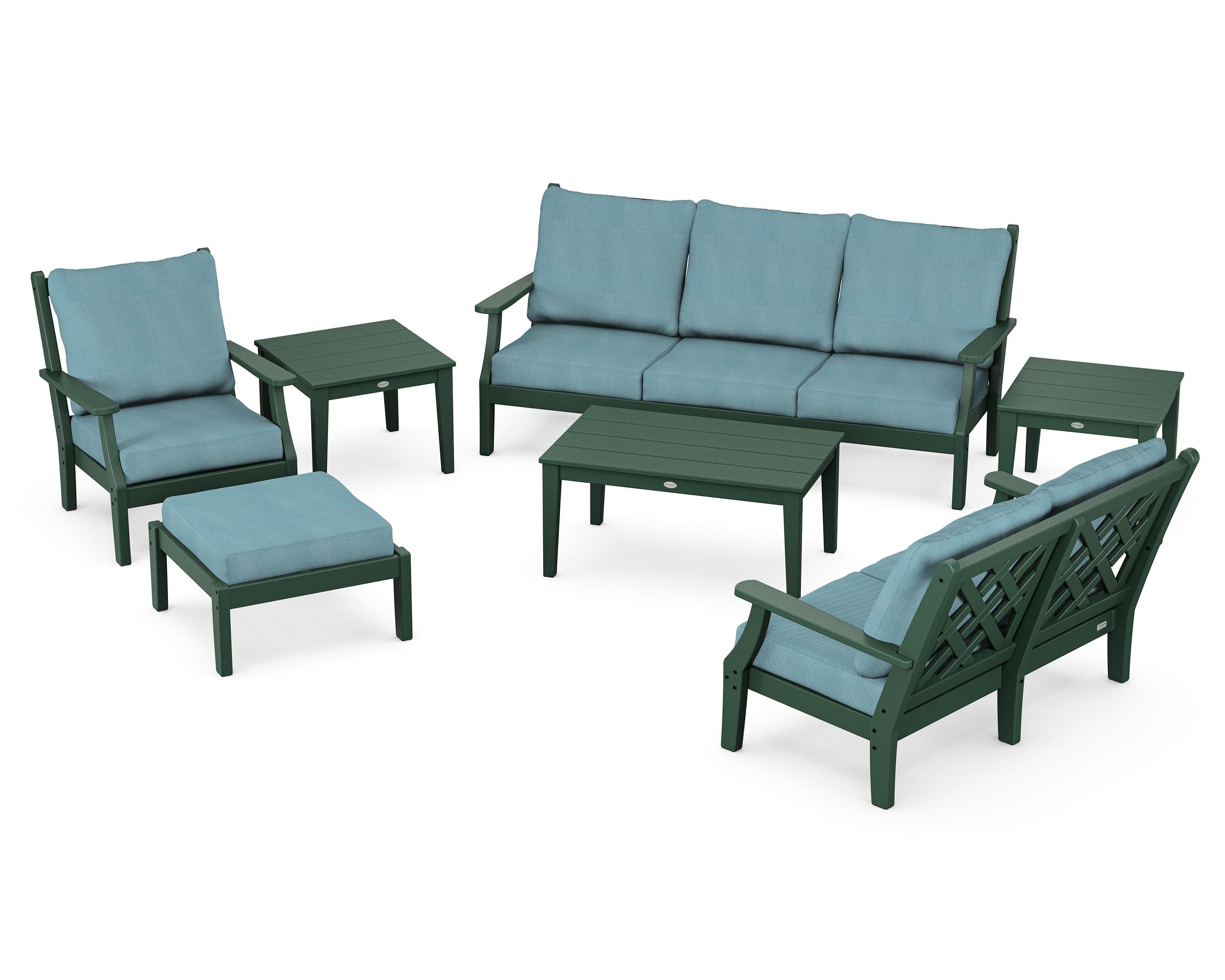 Wovendale 7-Piece Deep Seating Set in Green / Lattice Sky Blue