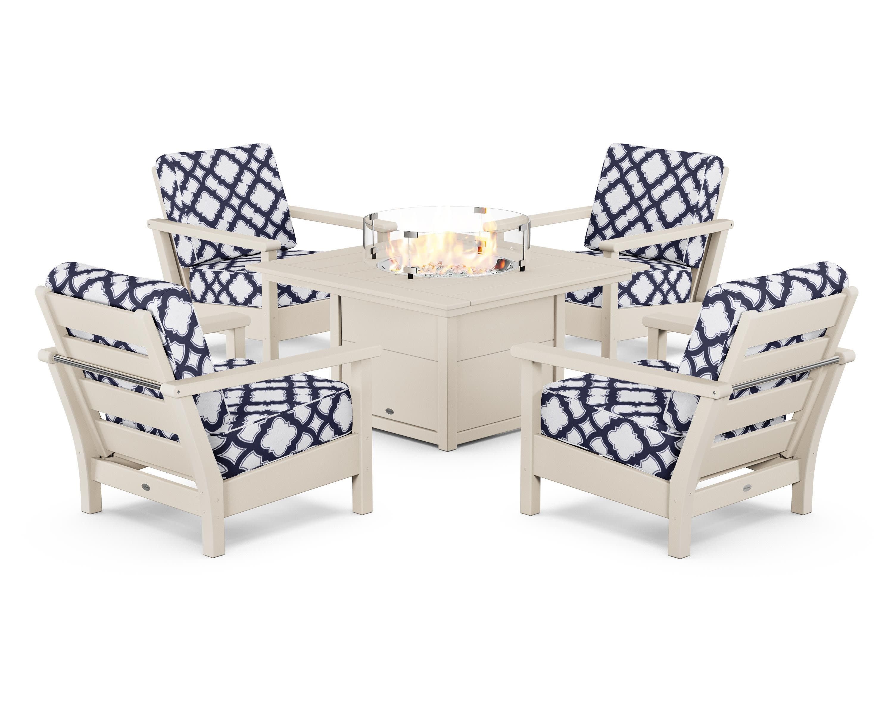 Harbour 5-Piece Conversation Set with Fire Pit Table in Sand / Trellis Navy