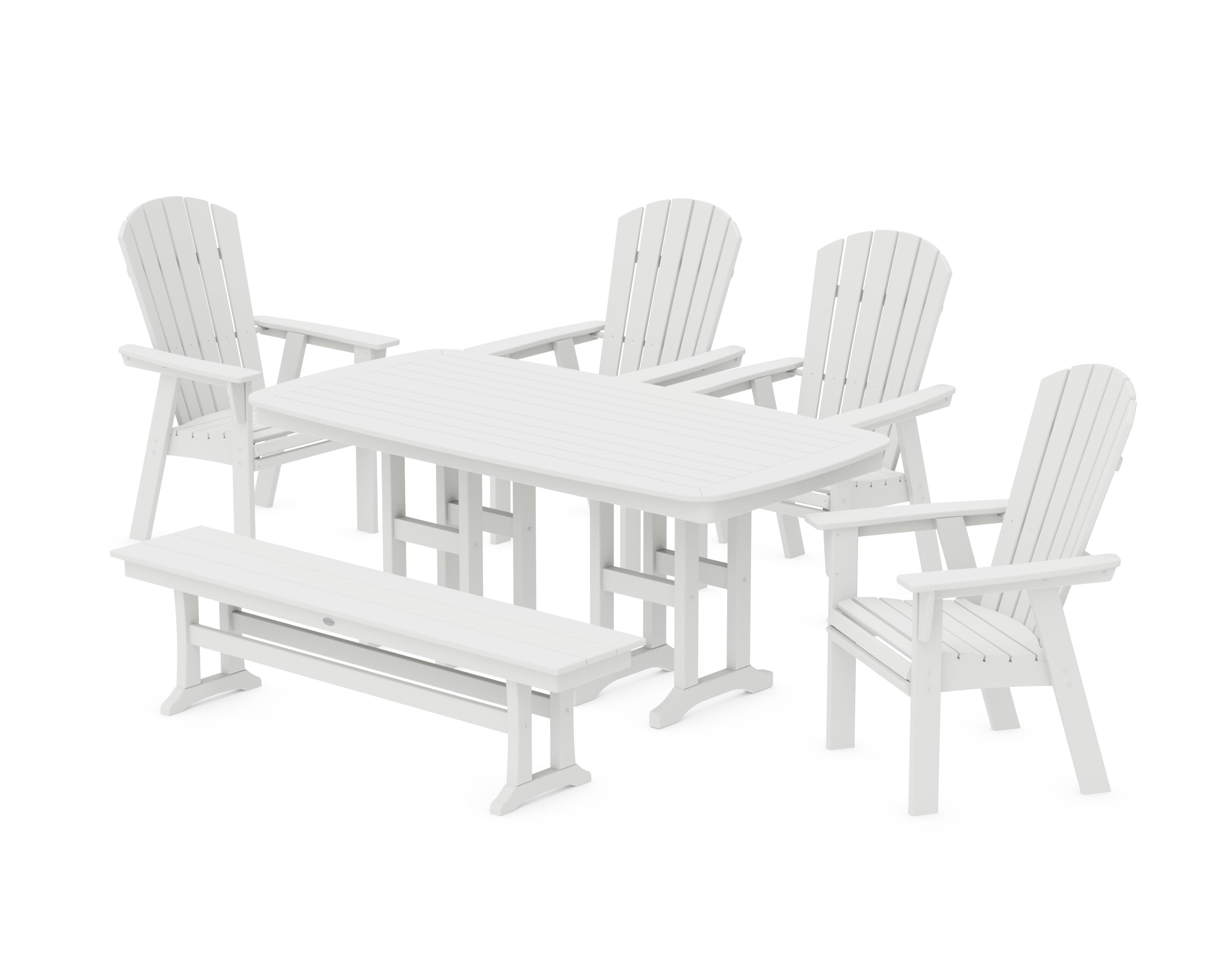 Nautical Curveback Adirondack 6-Piece Dining Set with Bench in White