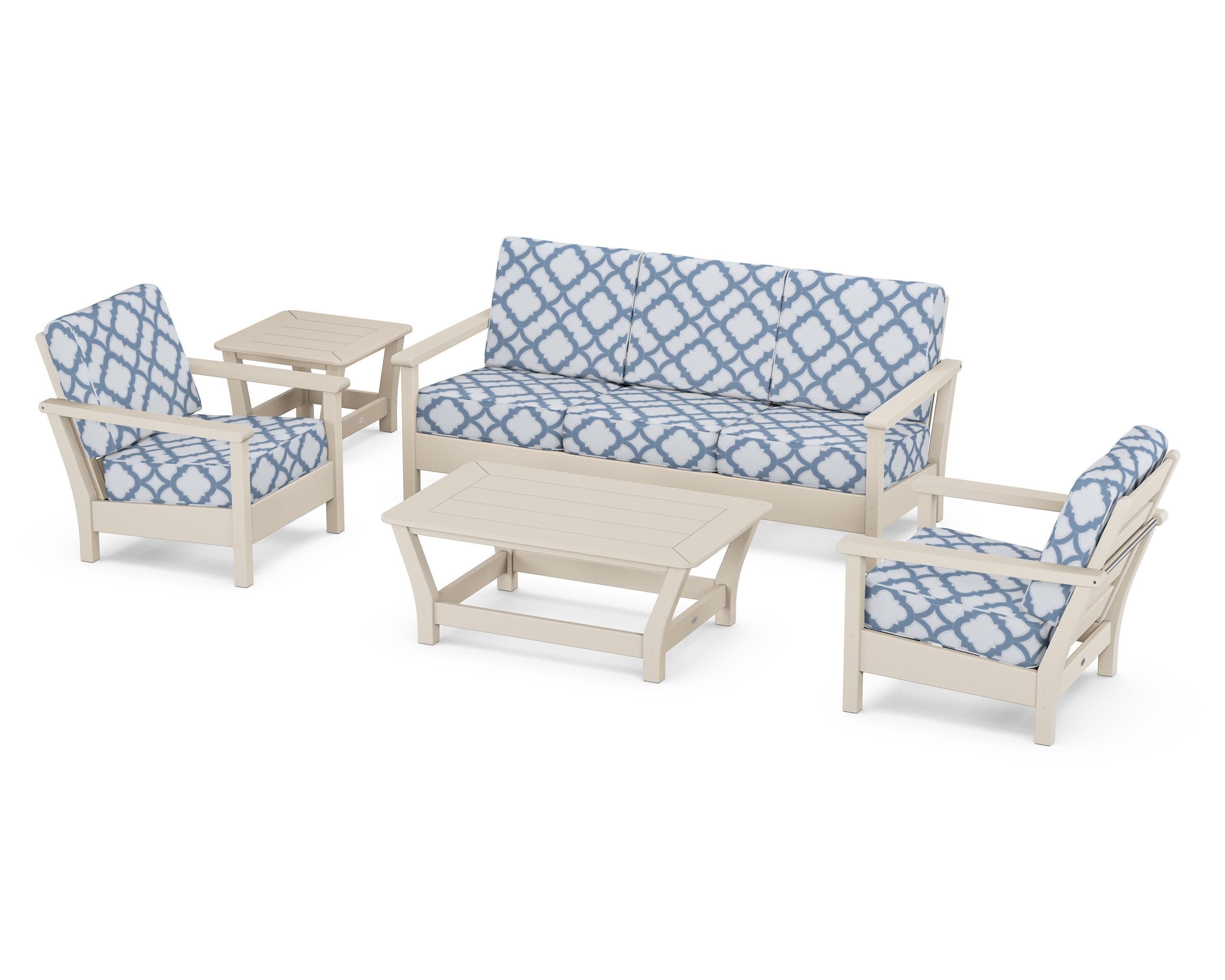 Harbour 5-Piece Deep Seating Set in Sand / Trellis Sky Blue