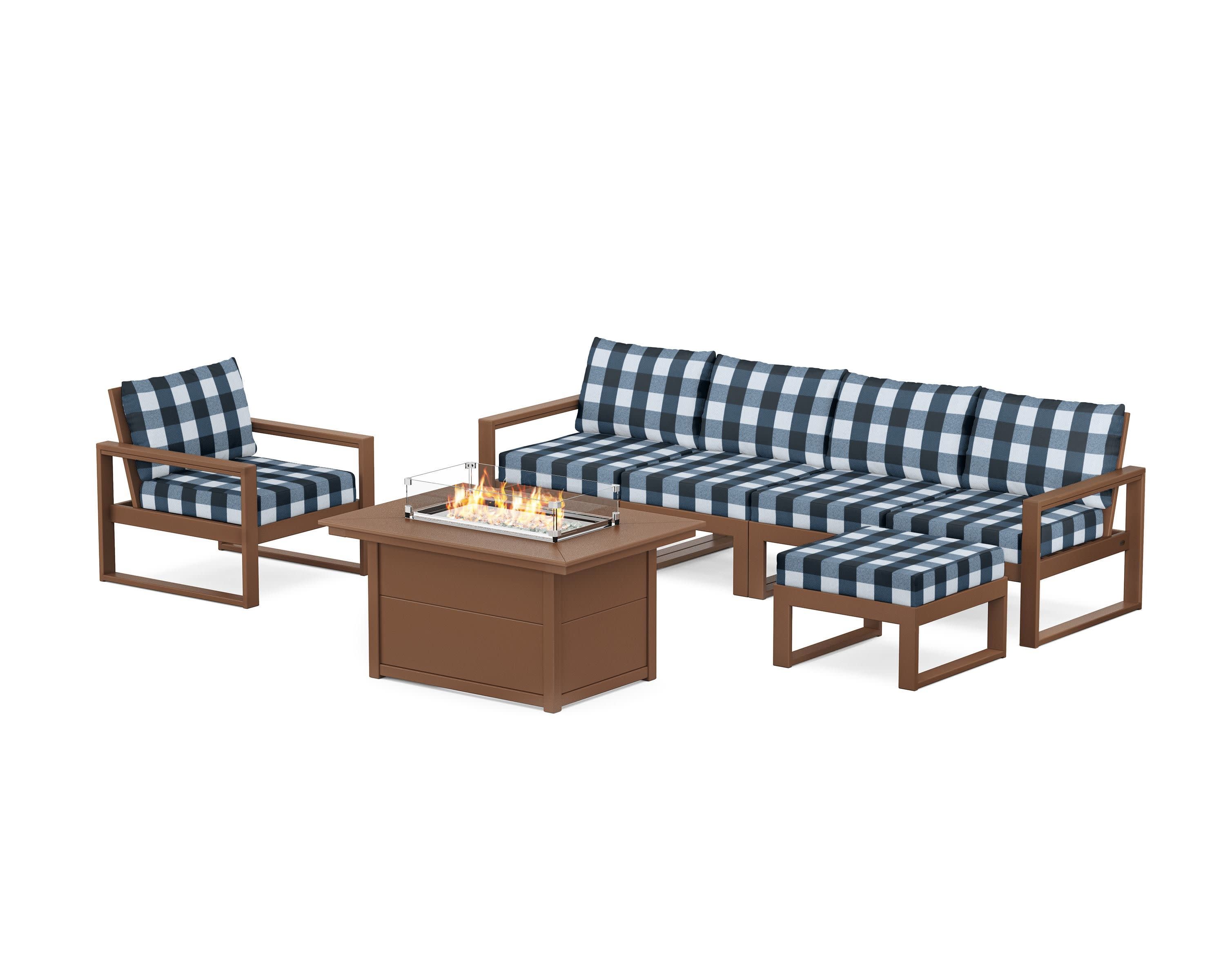 EDGE Sectional Lounge and Fire Pit Set in Teak / Buffalo Plaid Marine Indigo