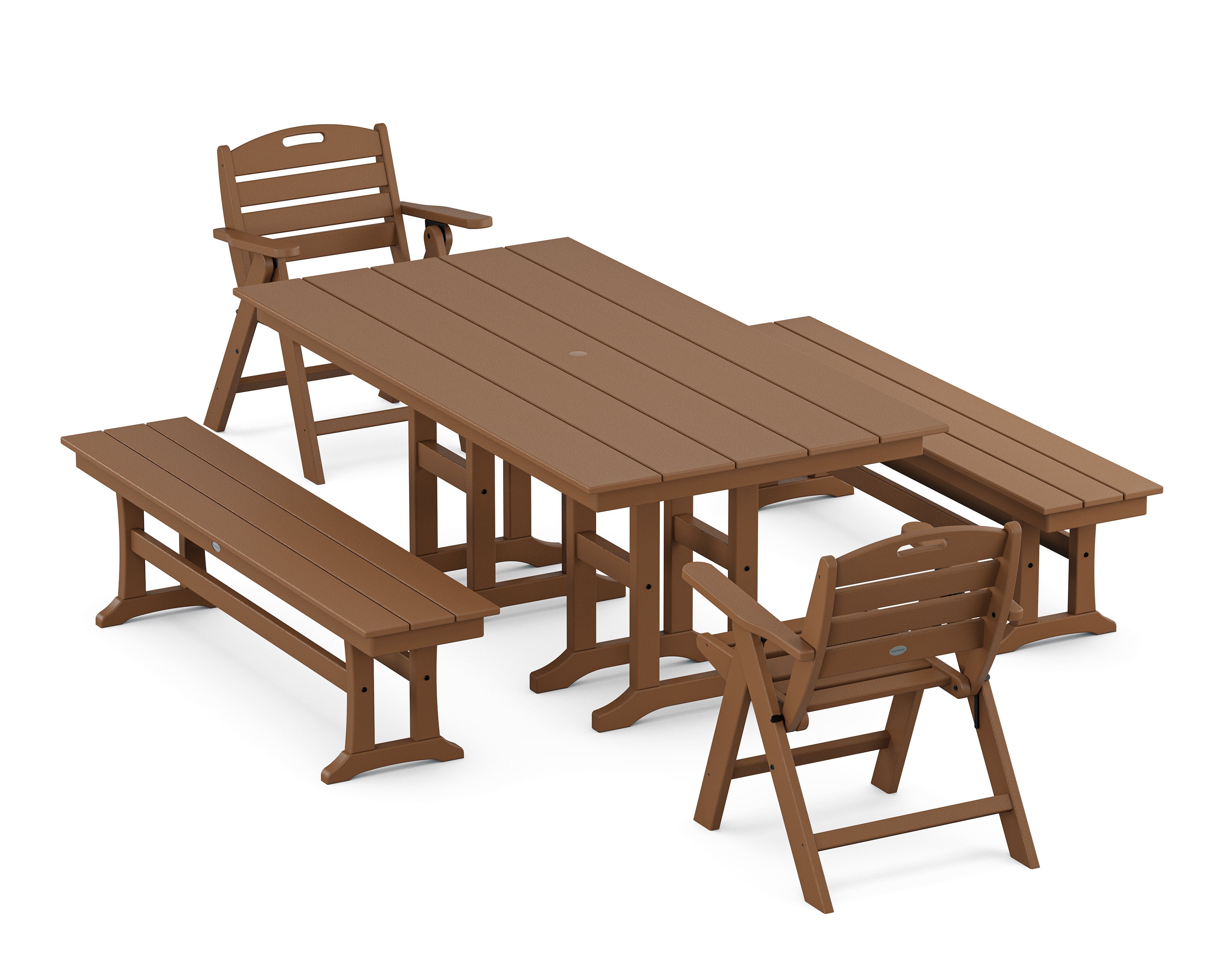 Nautical Lowback 5-Piece Farmhouse Dining Set with Benches in Teak