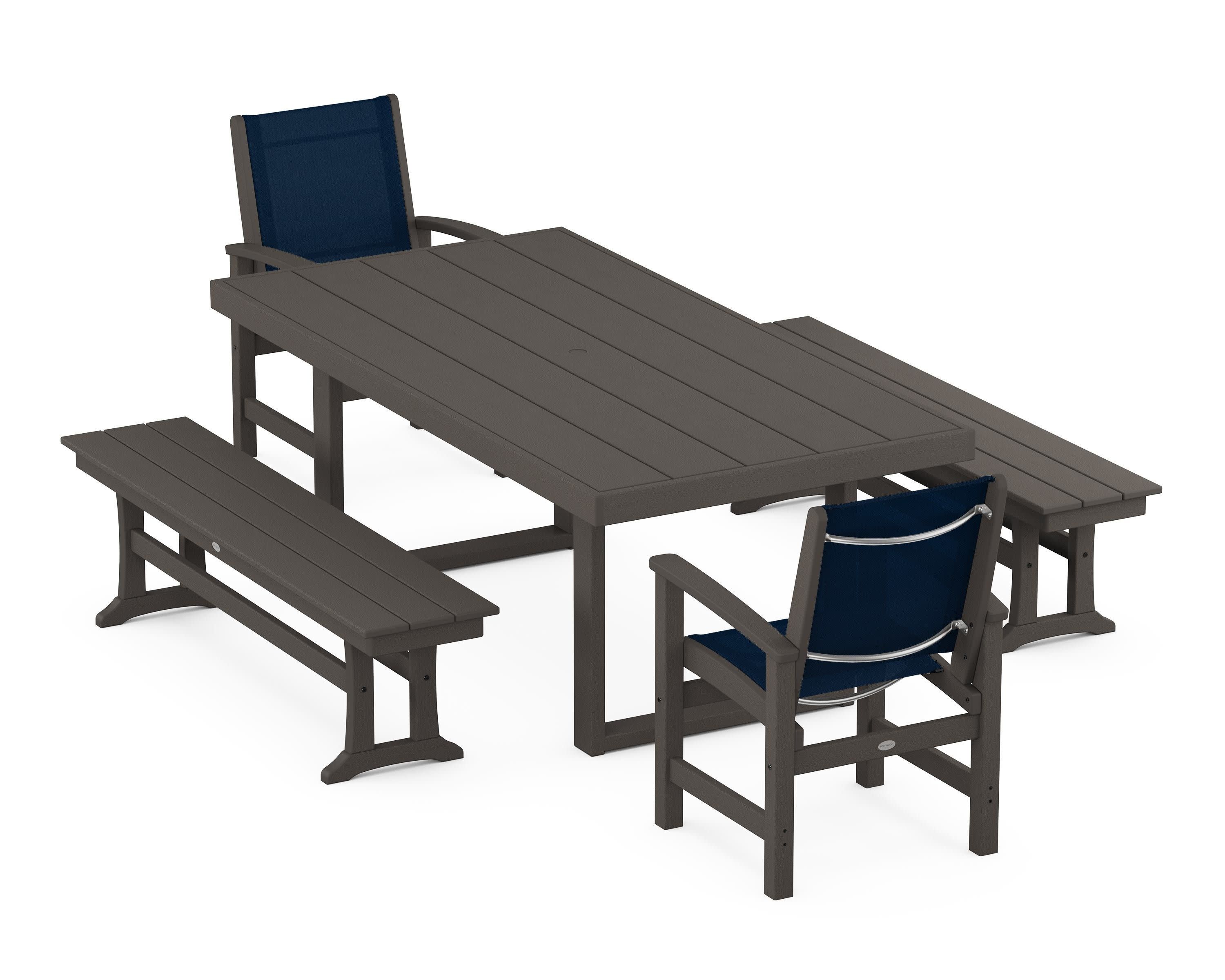 Coastal 5-Piece Dining Set with Trestle Legs in Vintage Coffee / Navy Blue Sling