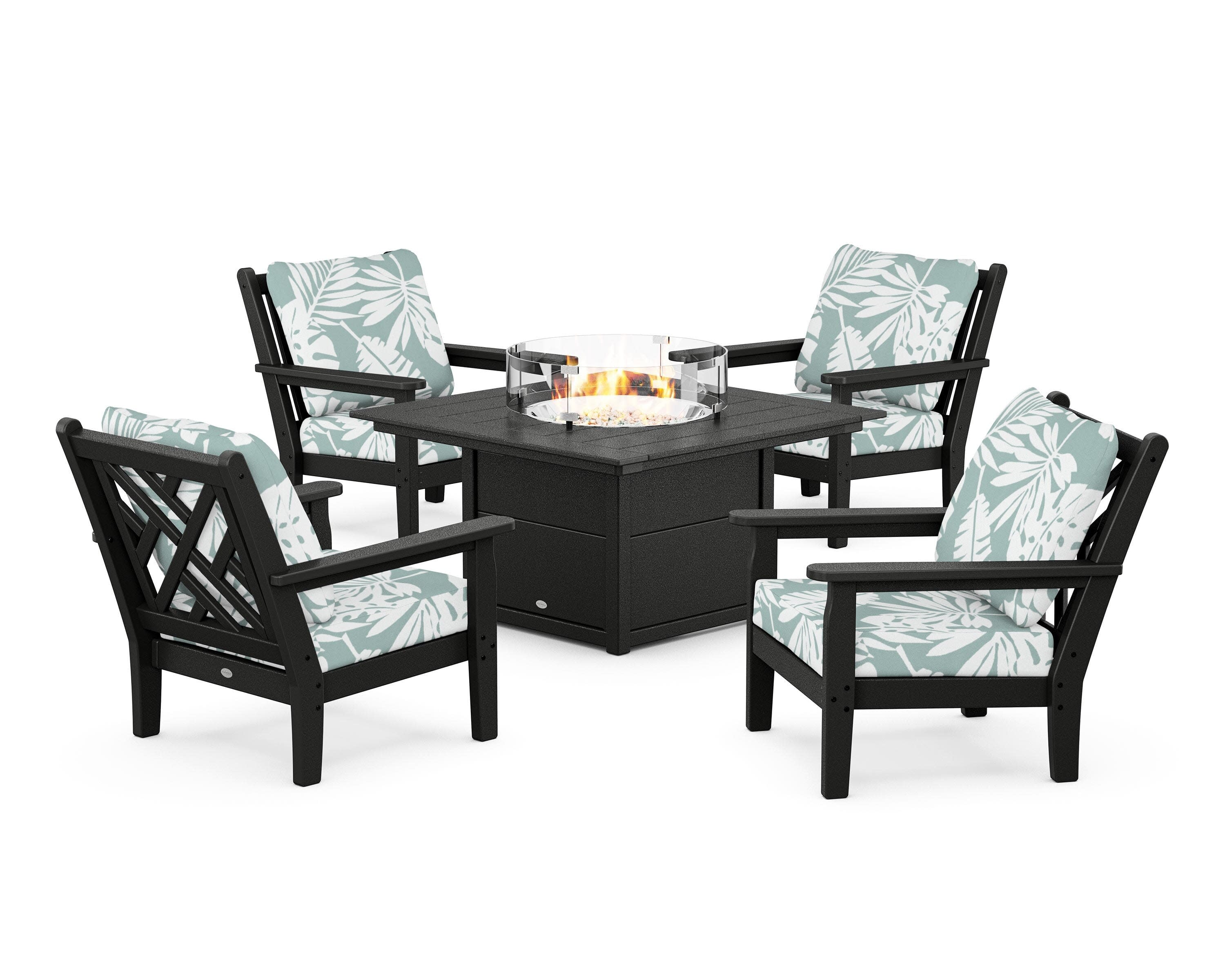Chippendale 5-Piece Deep Seating Set with Fire Pit Table in Black / Leaf Glacier Spa