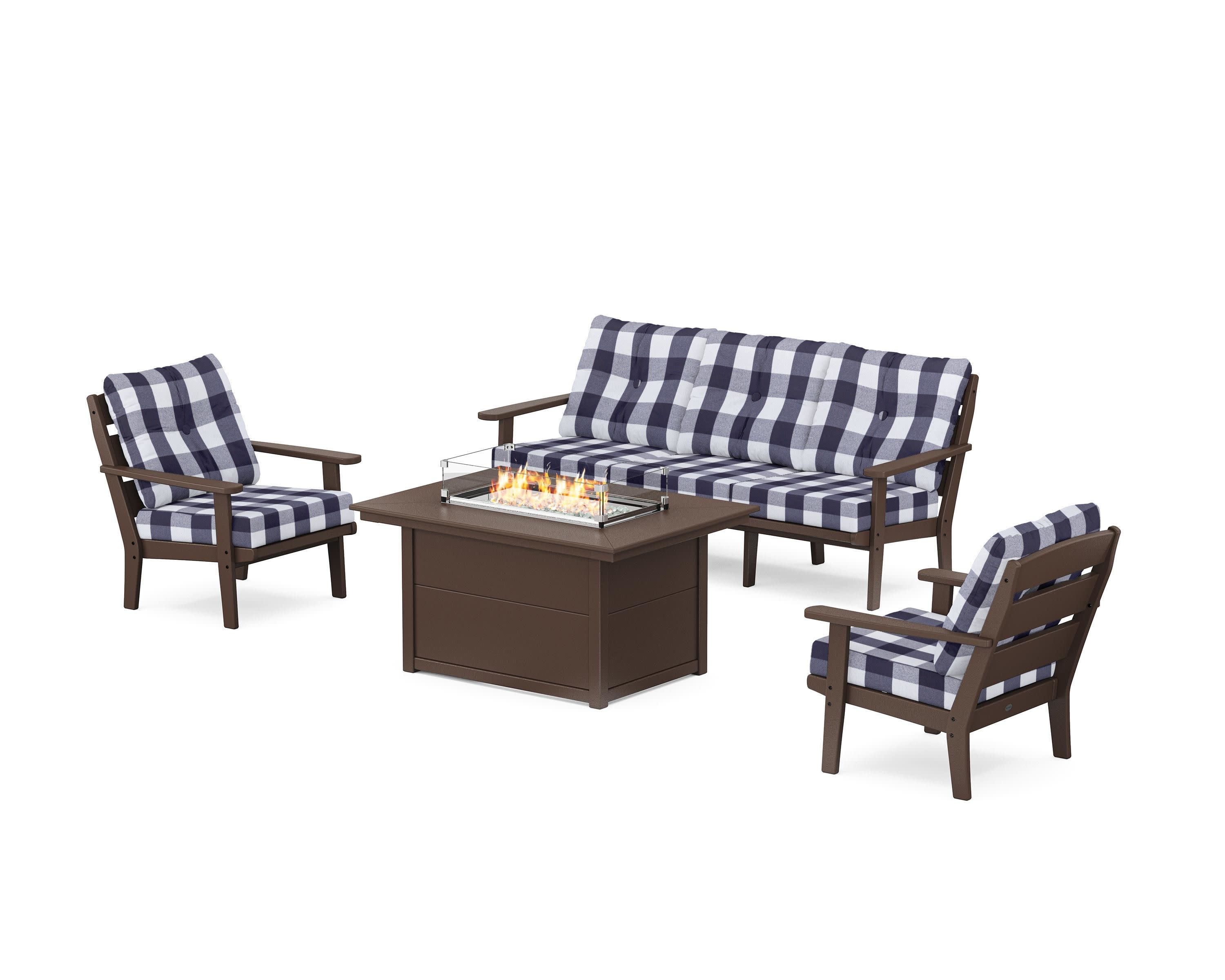 Lakeside Deep Seating Fire Pit Table Set in Mahogany / Buffalo Plaid Navy