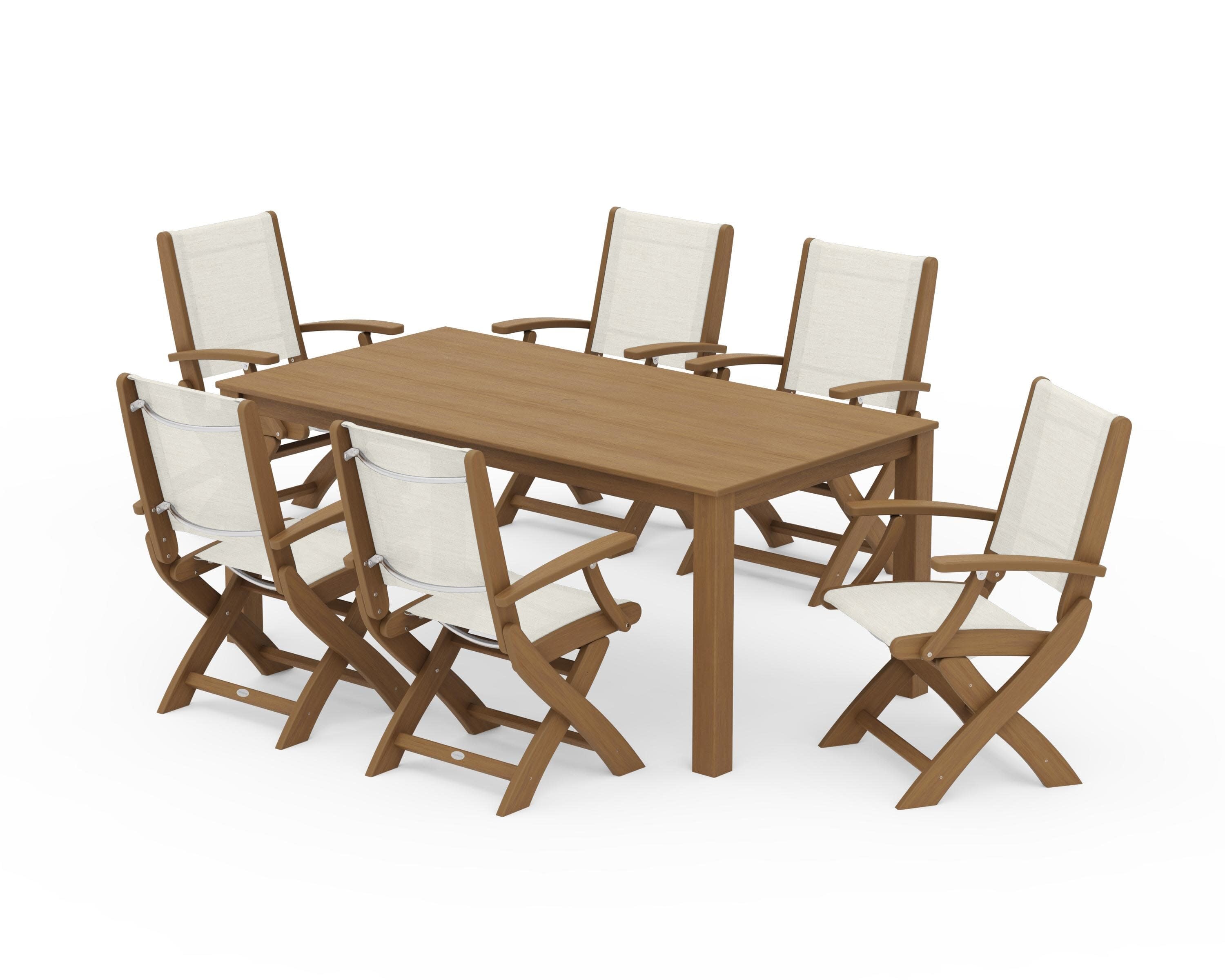 Coastal Folding Chair 7-Piece Parsons Dining Set in Natural / Parchment Sling