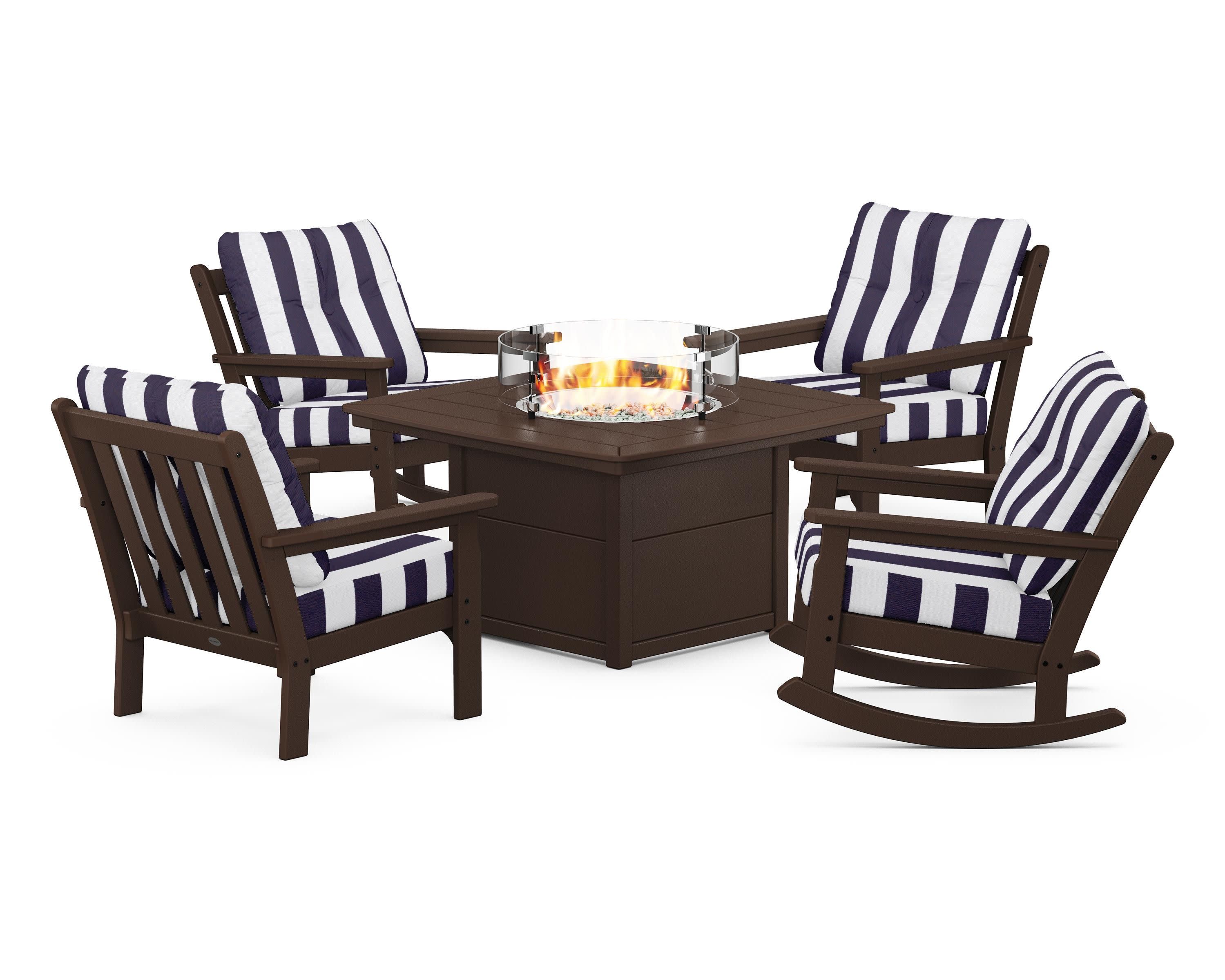 Vineyard 5-Piece Deep Seating Rocking Chair Conversation Set with Fire Pit Table in Mahogany / Cabana Stripe Navy