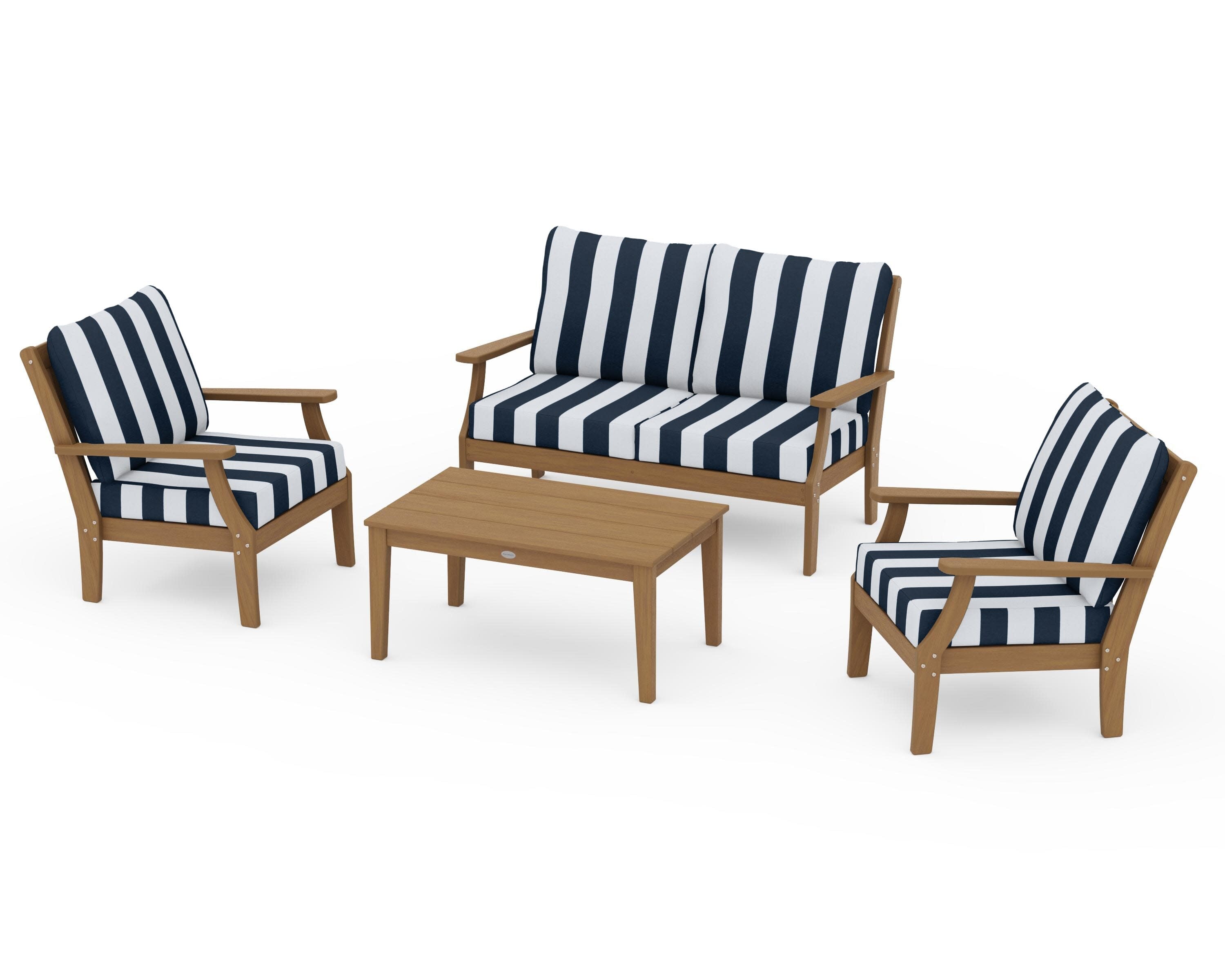 Braxton 4-Piece Deep Seating Chair Set in Natural / Cabana Stripe Marine Indigo
