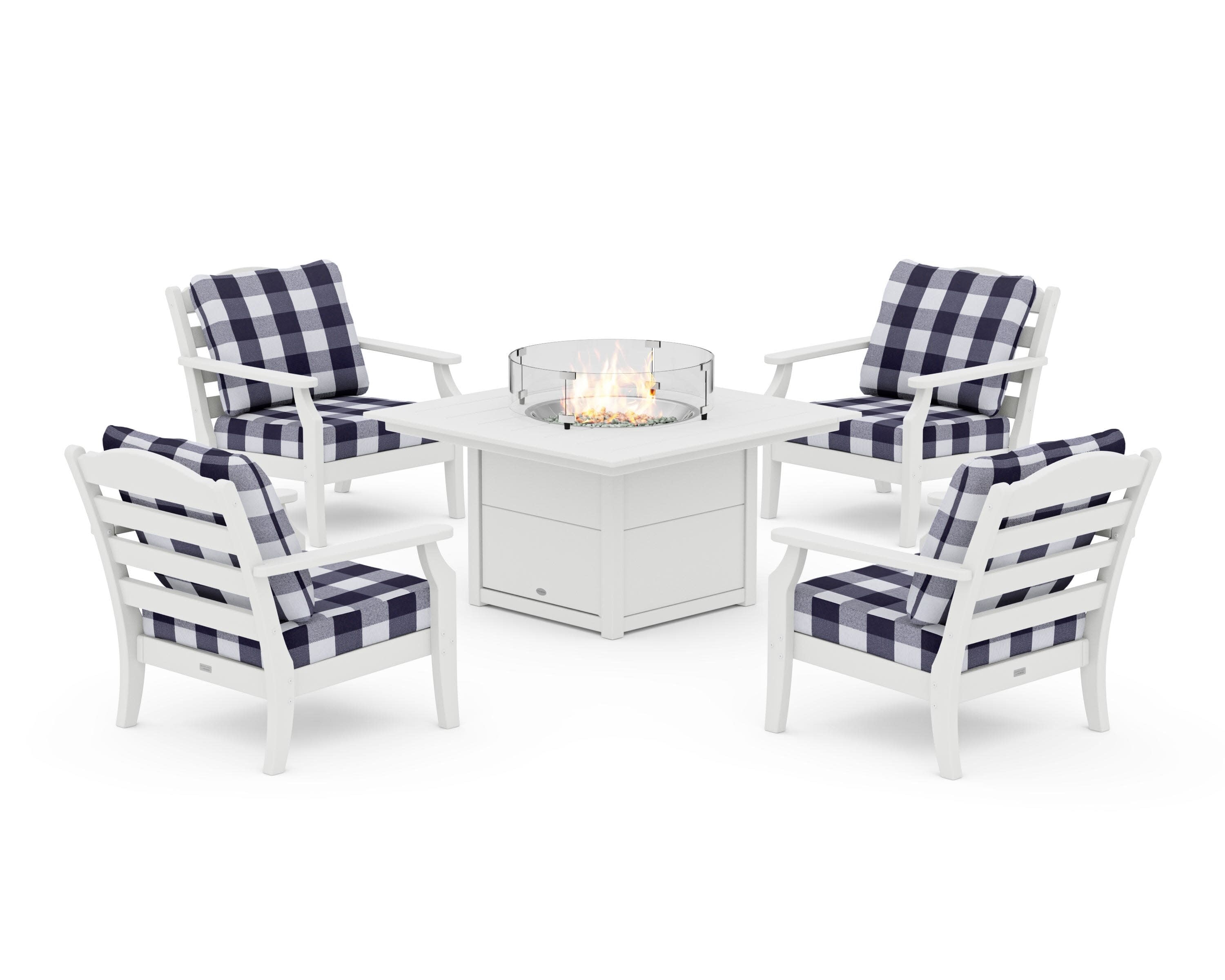 Savannah 5-Piece Deep Seating Set with Fire Pit Table in White / Buffalo Plaid Navy